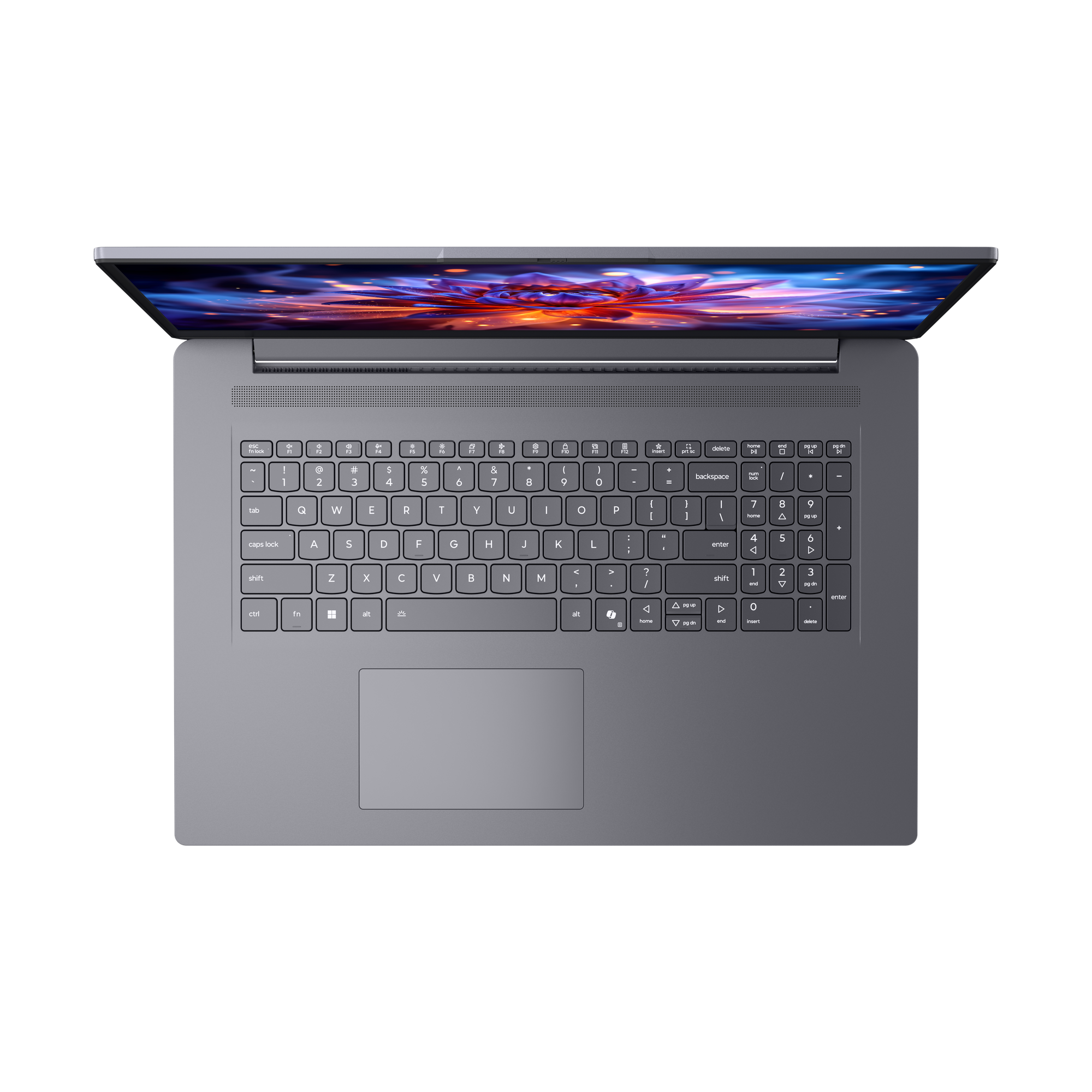 Ein graues Laptop mit geöffnetem Deckel und buntem Hintergrundbild.