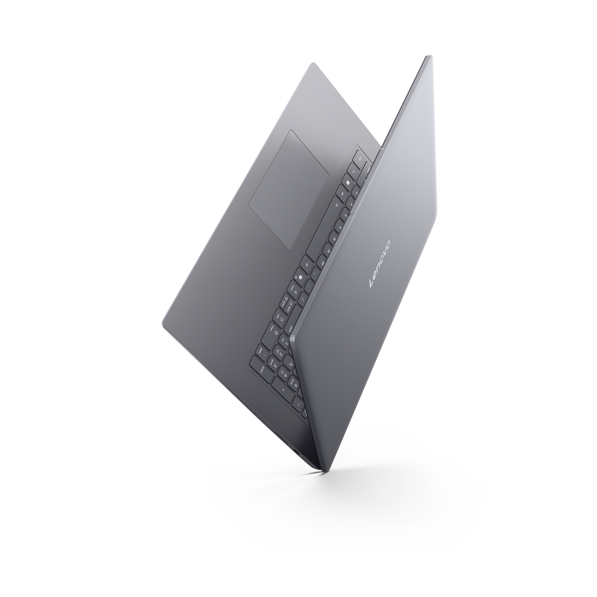 Grauer Lenovo Laptop mit Tastatur und Touchpad auf schwarzem Hintergrund.