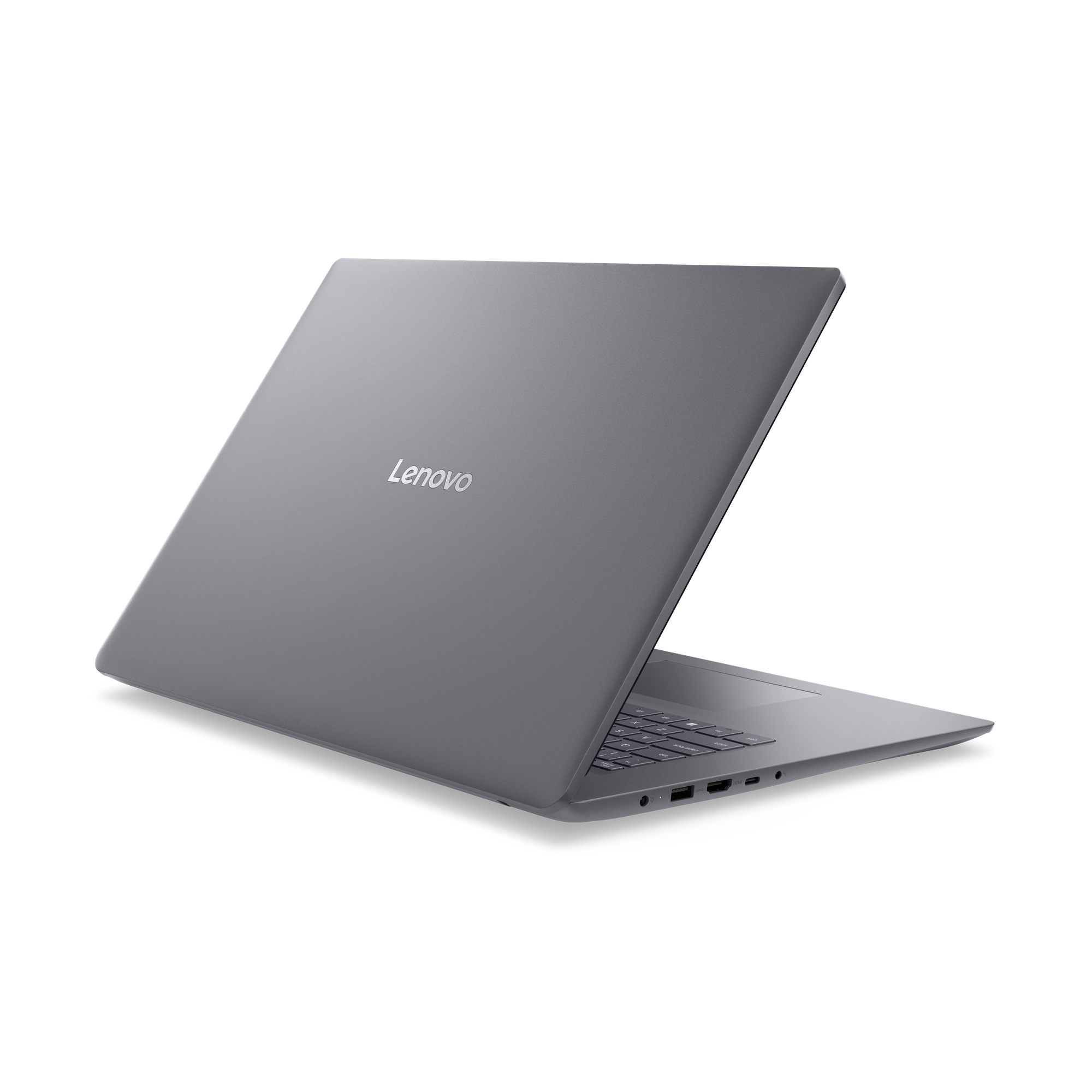 Grauer Lenovo Laptop mit geöffnetem Bildschirm und Tastatur.