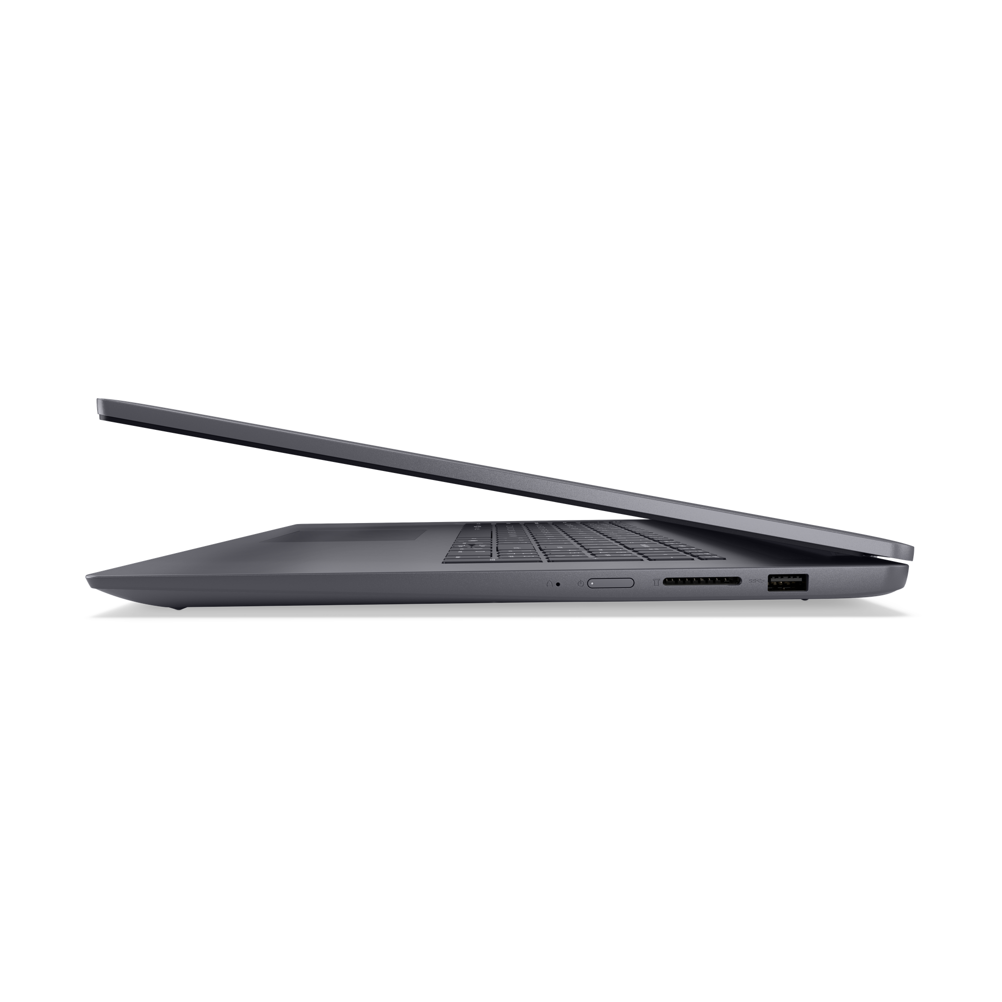 Grauer Laptop im Profil, Bildschirm leicht geöffnet. Anschlüsse sichtbar.