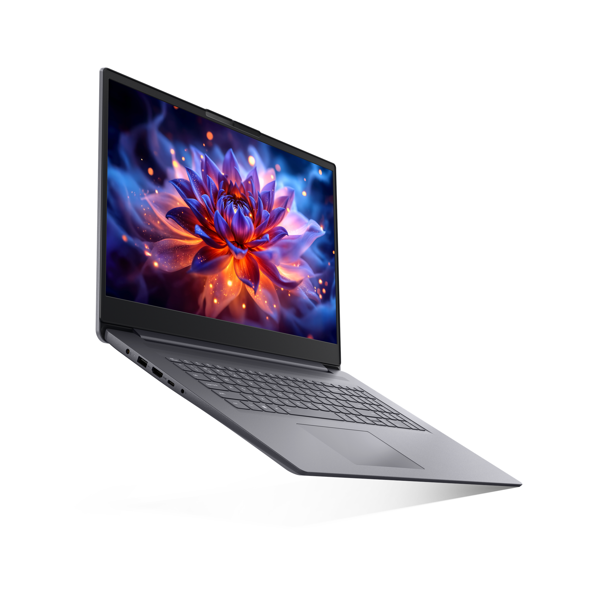 Grauer Laptop mit einem bunten, abstrakten Blumenbildschirm.