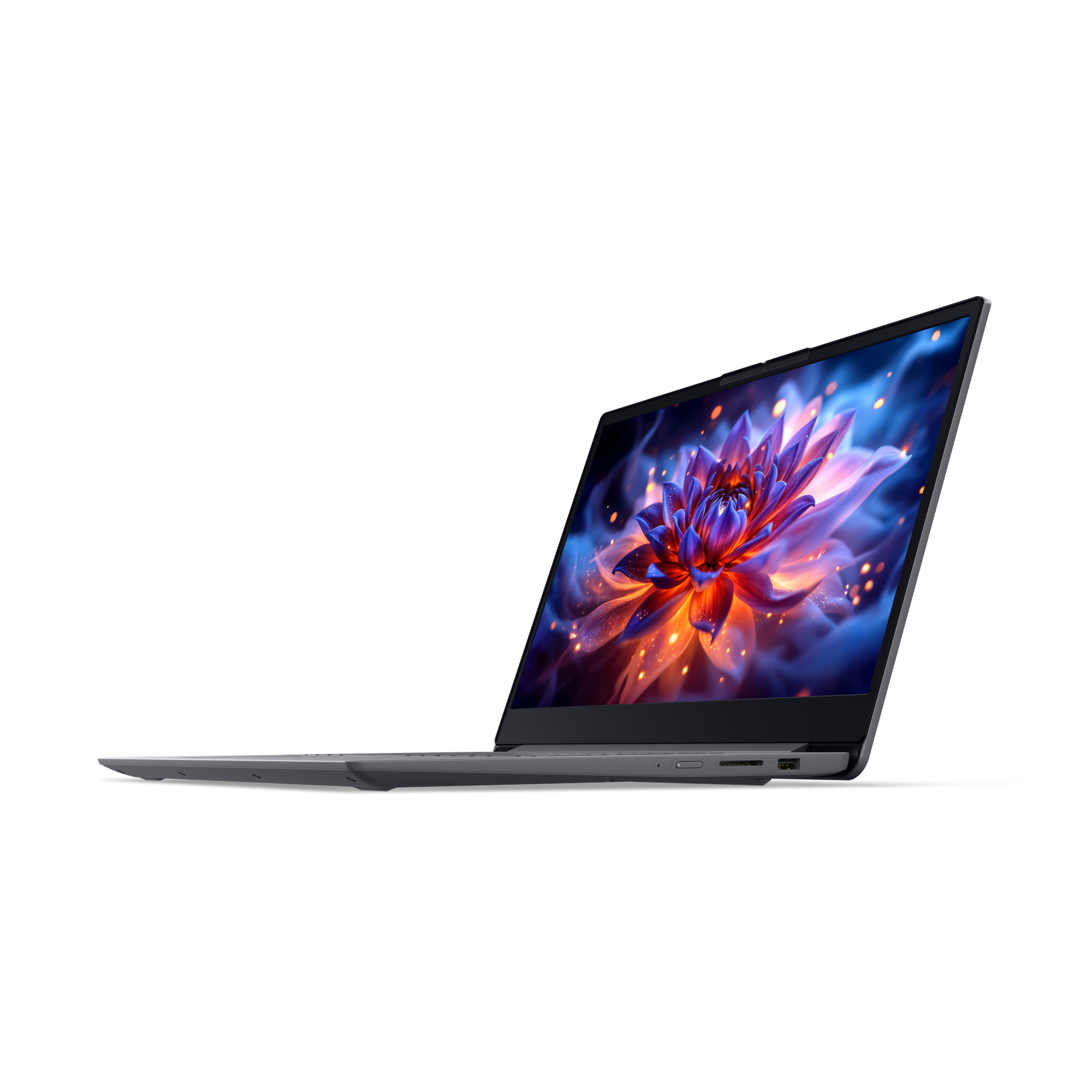 Ein geöffneter Laptop mit einem bunten Blumenbildschirm auf schwarzem Hintergrund.