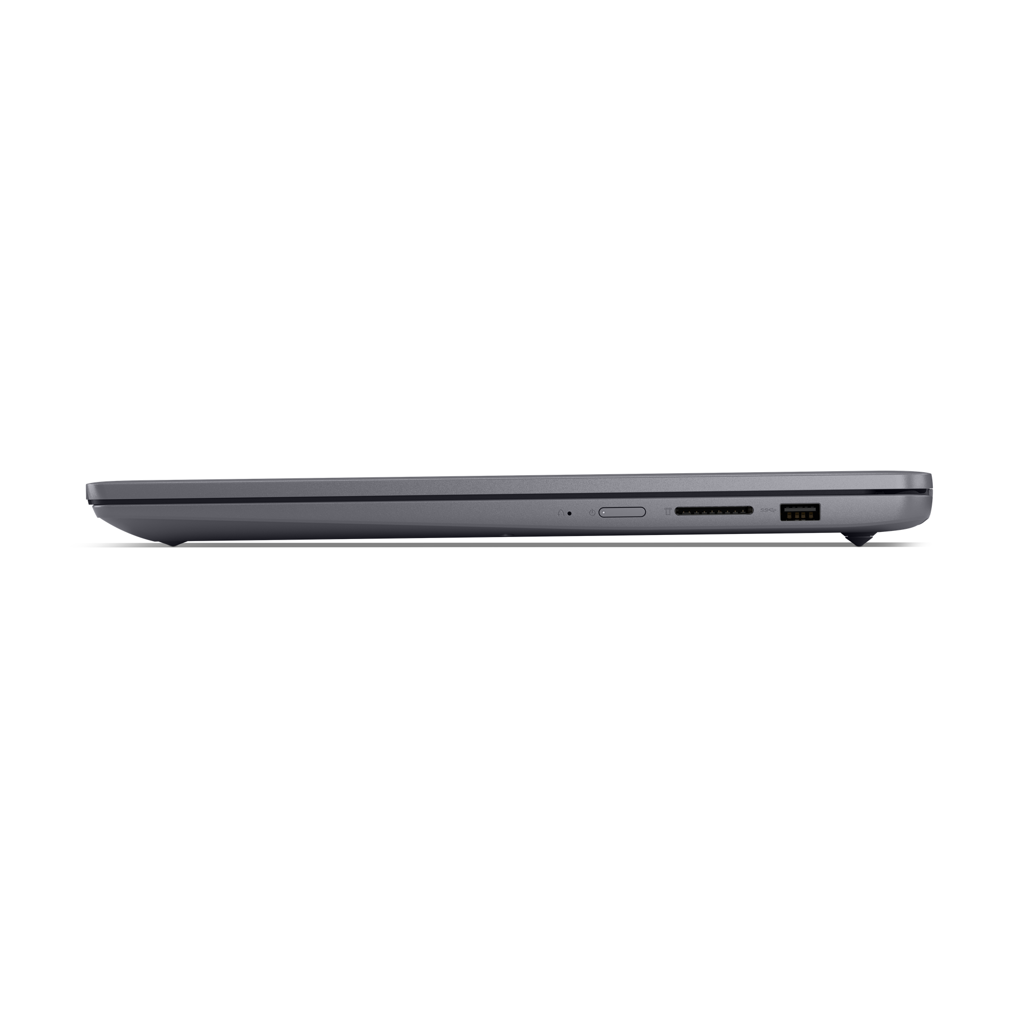Grauer Laptop von der Seite mit Anschlüssen: USB, SD-Kartenleser.