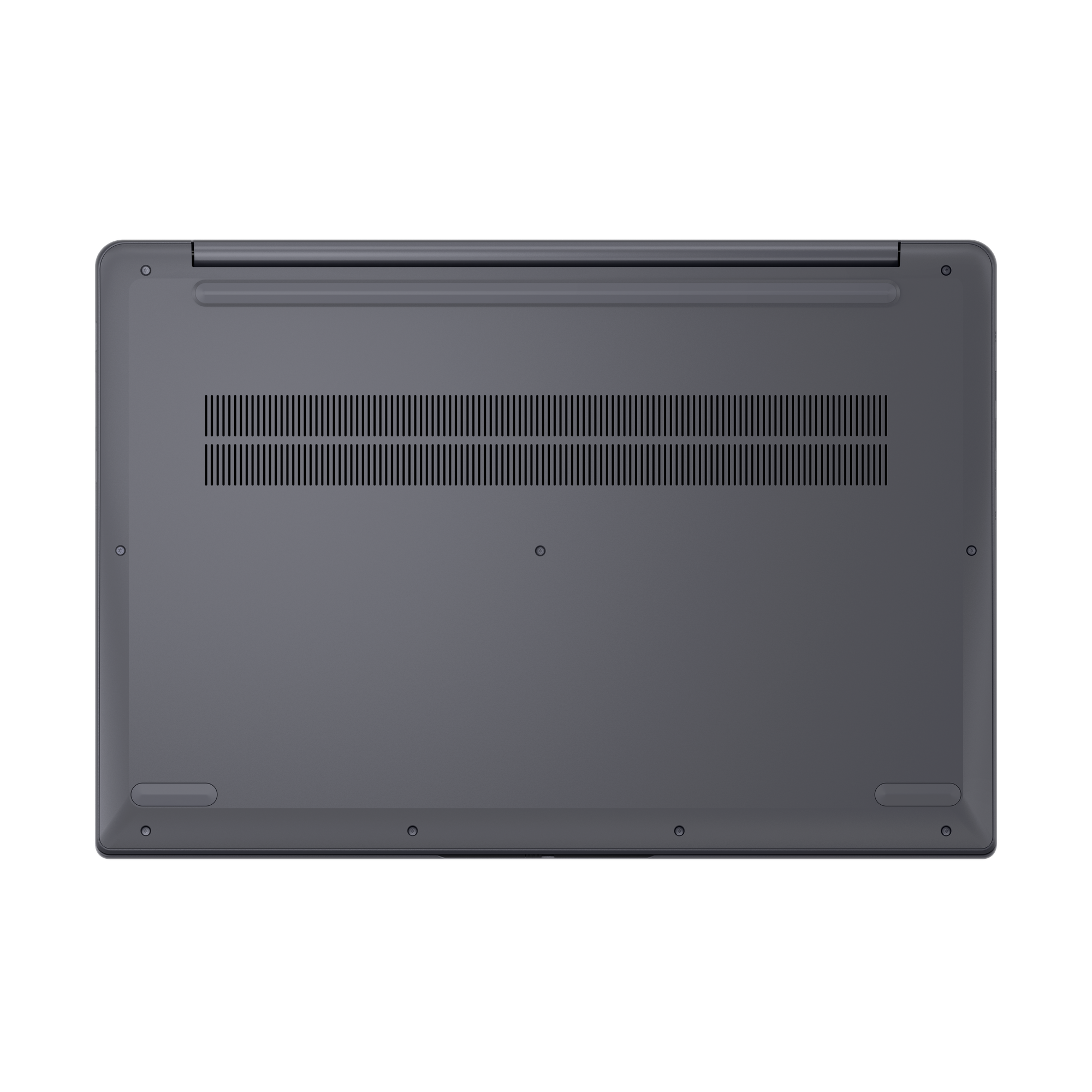 Die Unterseite eines grauen Laptops mit Lüftungsschlitzen und Schrauben.