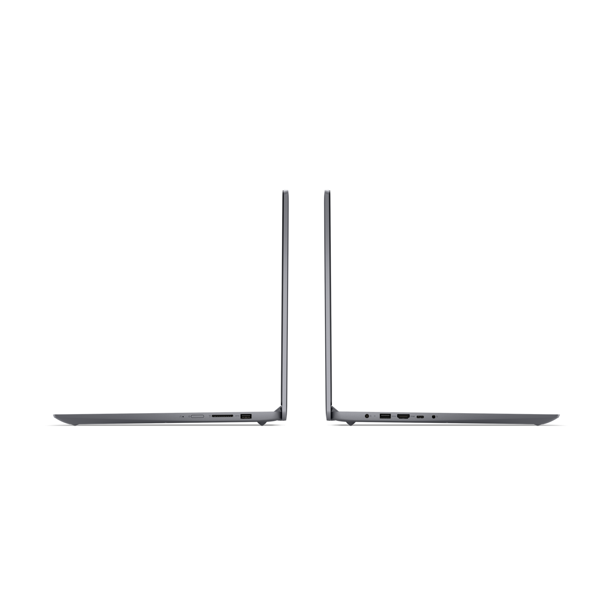 Zwei identische graue Laptops, Seitenansicht, Anschlüsse sichtbar.
