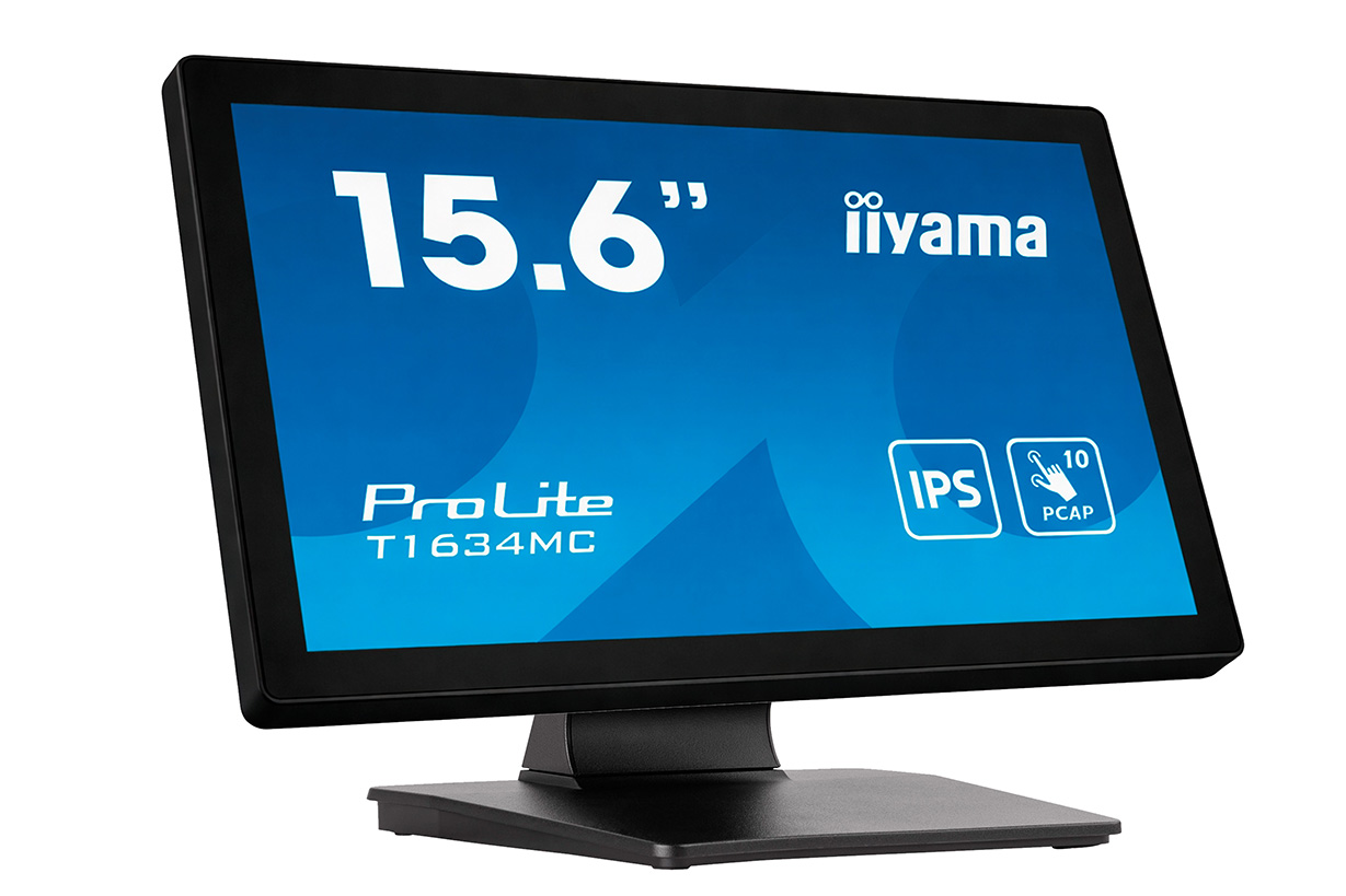 Ein schwarzer 15,6-Zoll-iiyama ProLite T1634MC Monitor mit IPS und PCAP-Touch.