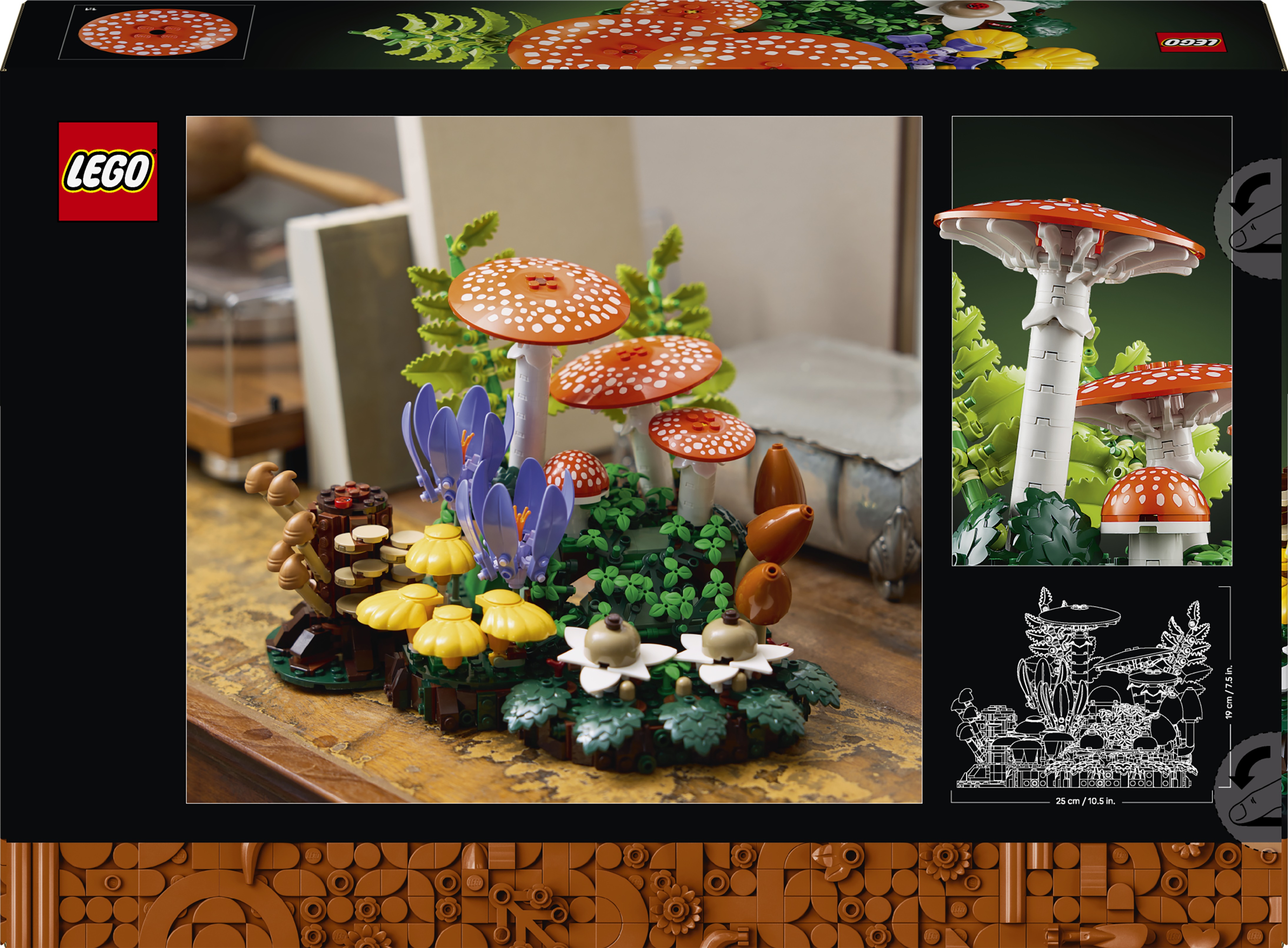 Lego-Pilzset mit roten, weißen, lila und gelben Blumen auf Holzoberfläche.