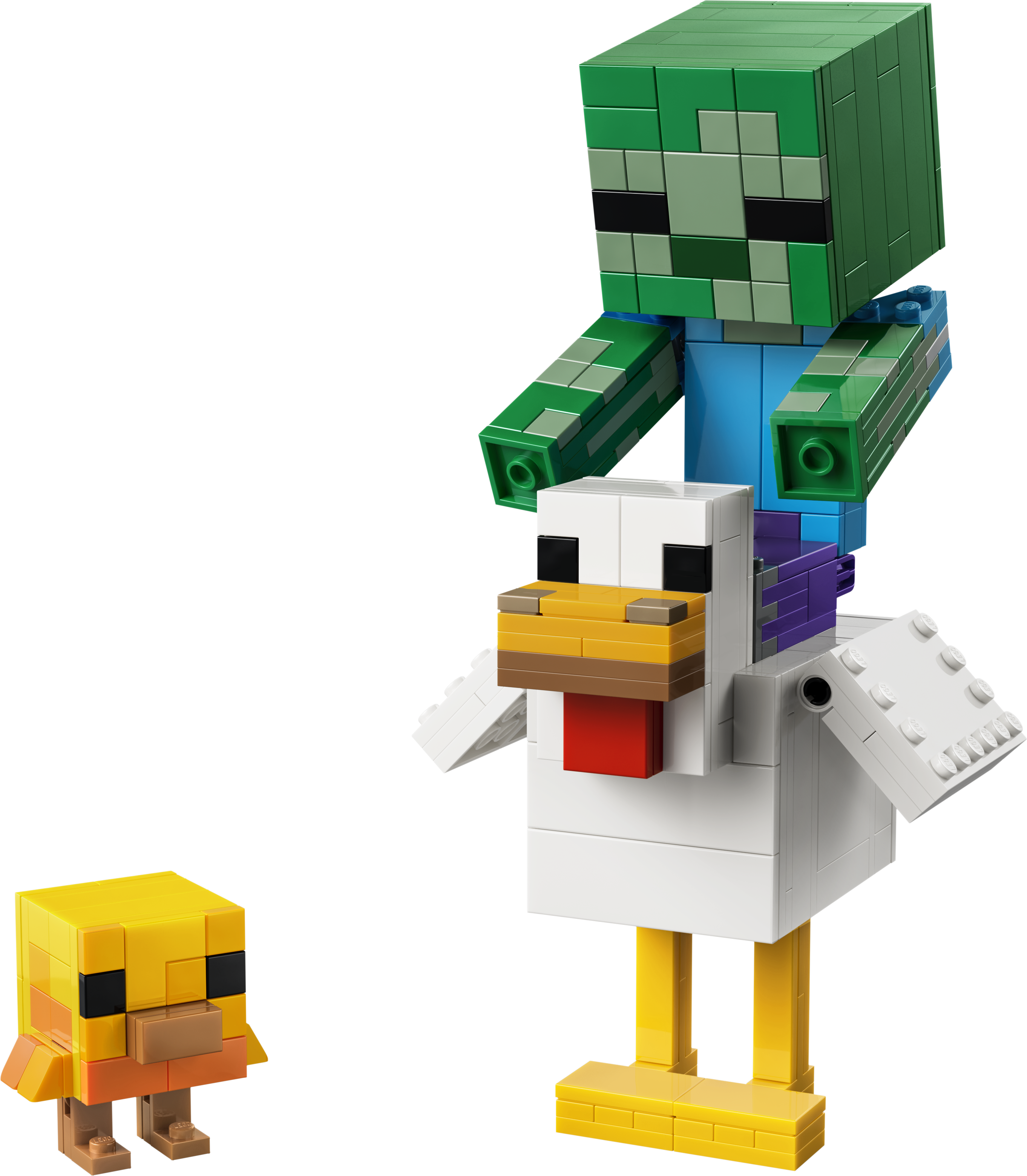 Ein grünes Lego-Zombie-Figur reitet auf einem weißen Lego-Huhn, daneben ein gelbes Küken.