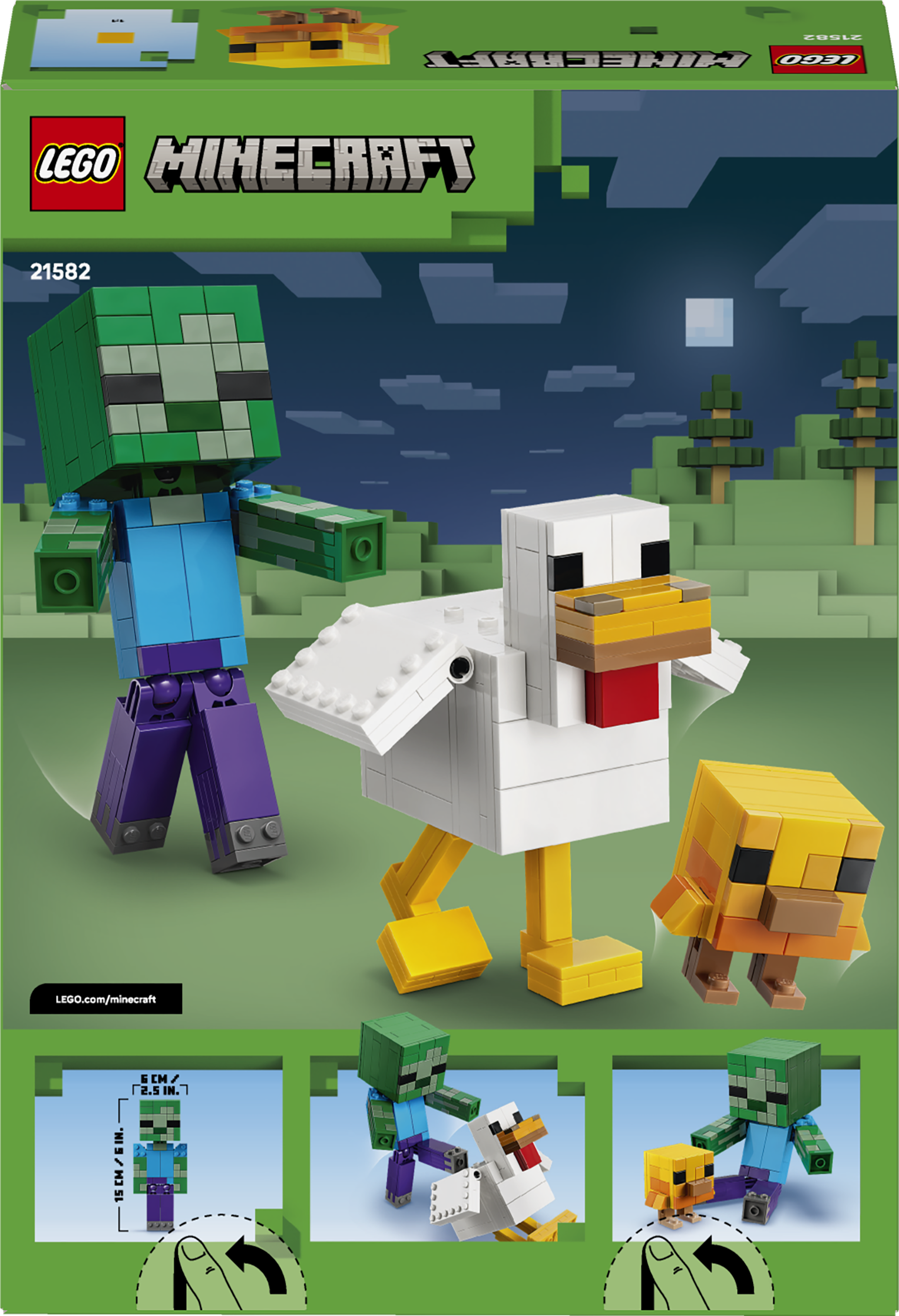 LEGO Minecraft Set mit Zombie, Huhn und Küken. Nachtszene.