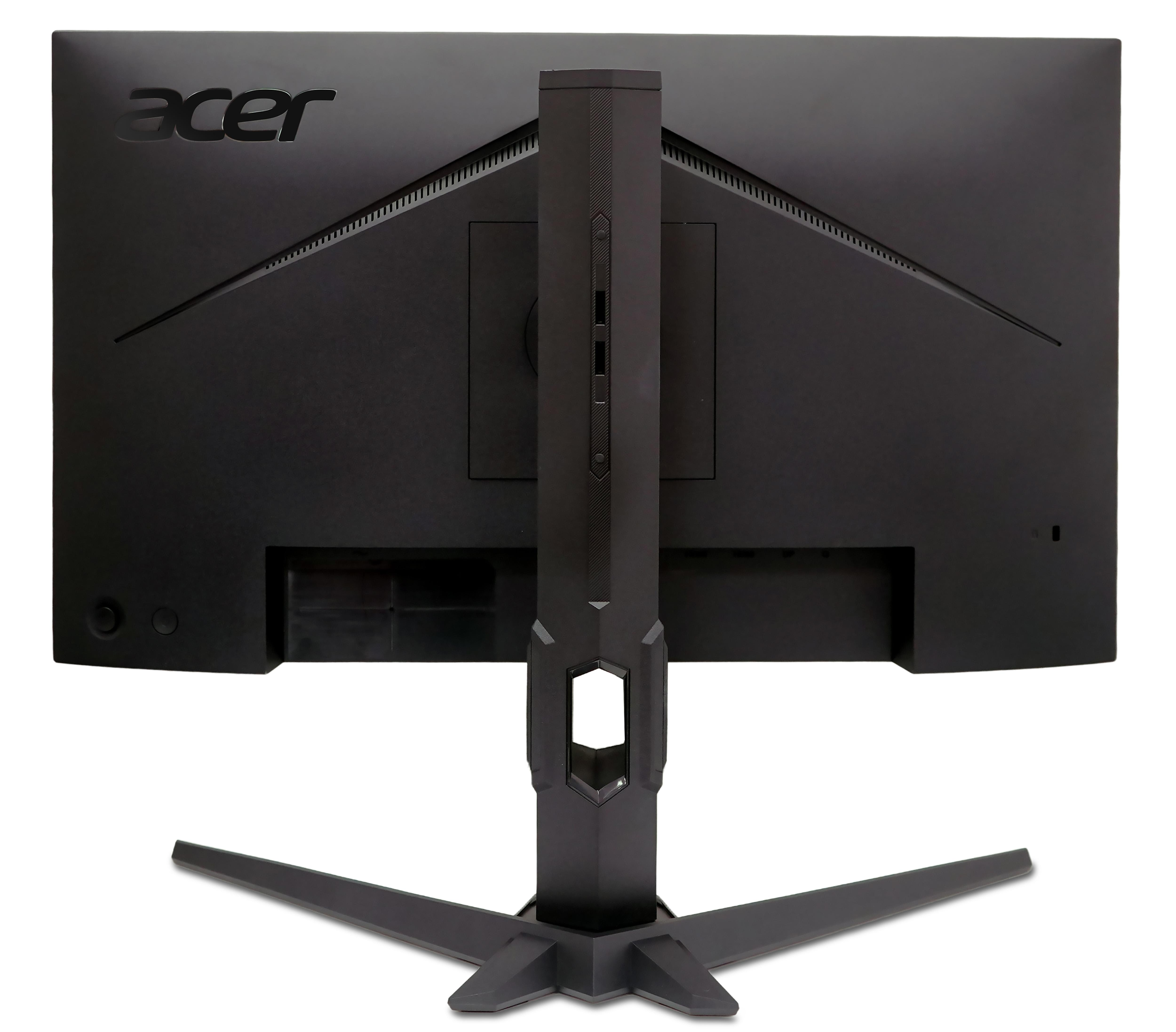 Rückseite eines schwarzen Acer-Monitors mit Ständer und Belüftungsschlitzen.