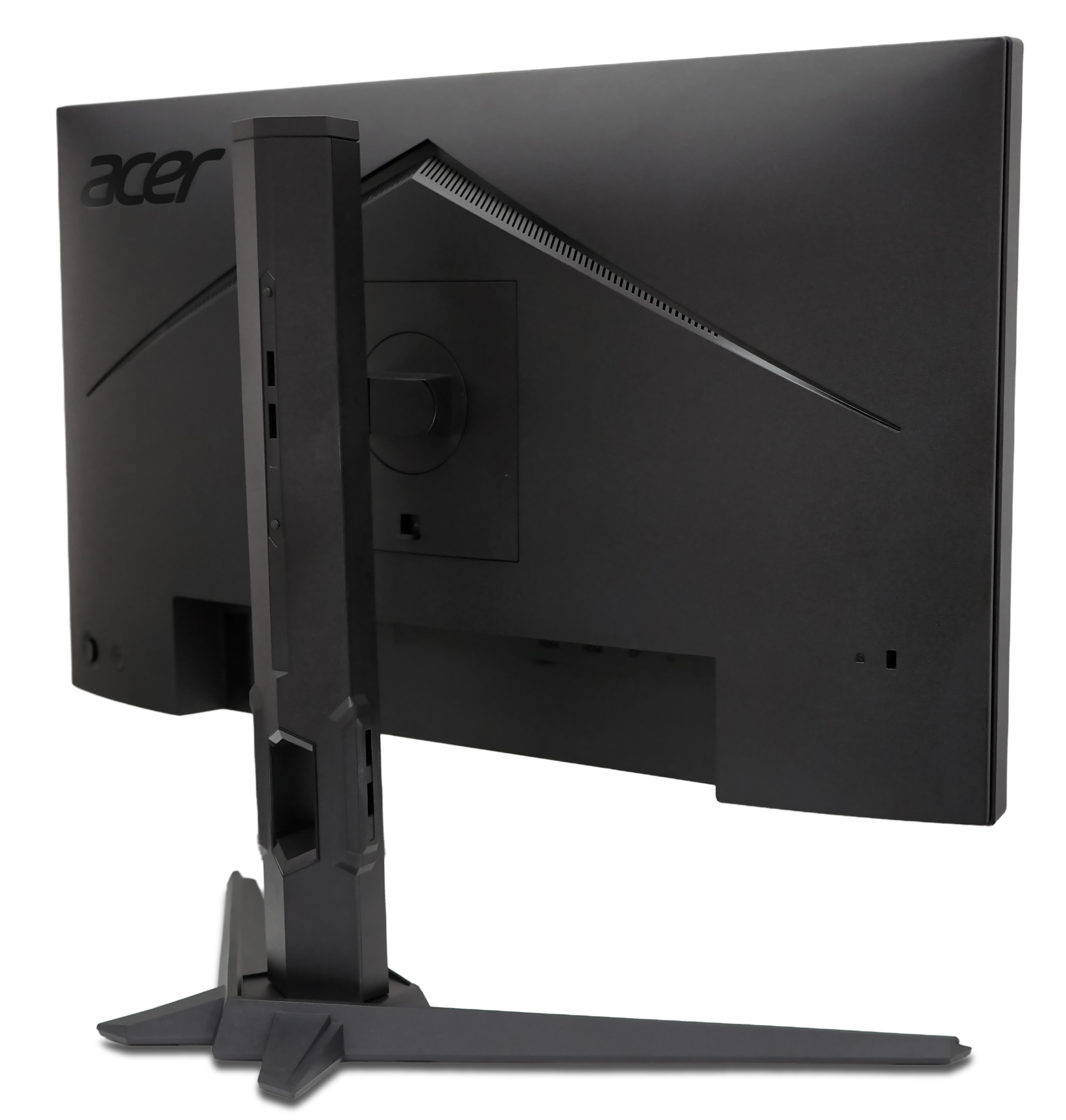 Rückansicht eines schwarzen Acer-Monitors mit Ständer. Das Acer-Logo ist sichtbar.