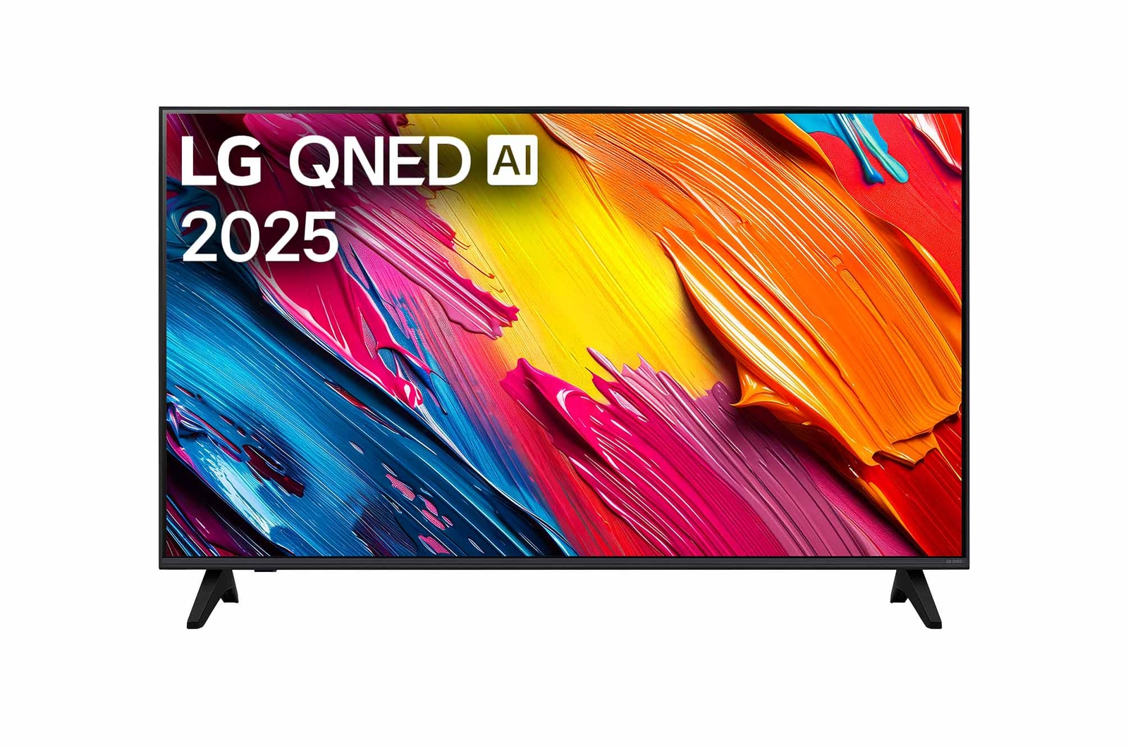 Telewizor LG QNED AI 2025 z kolorowym, abstrakcyjnym tłem.