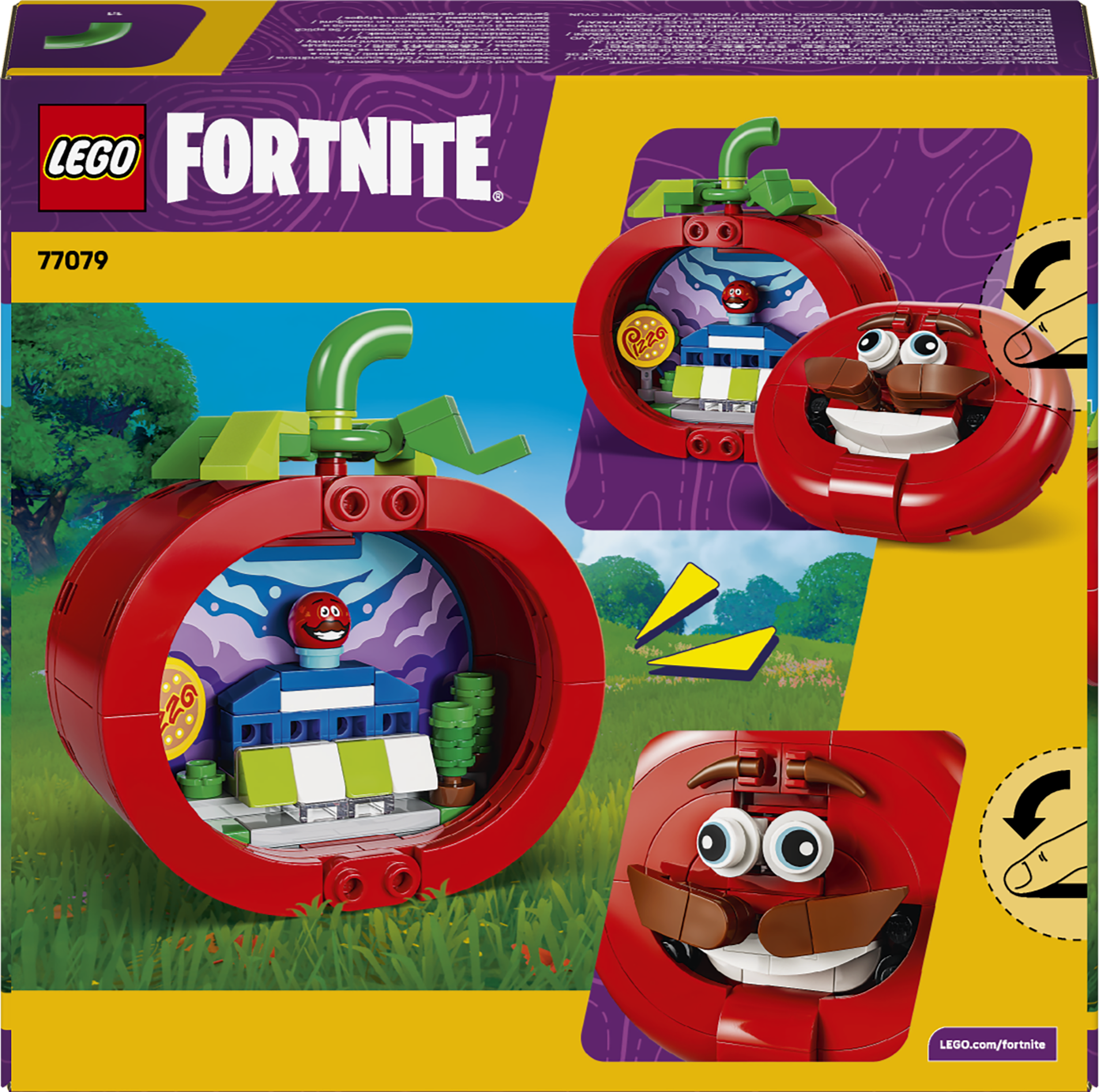 Ein Lego-Bausatz mit einem roten Tomatencharakter und Fortnite-Logo.