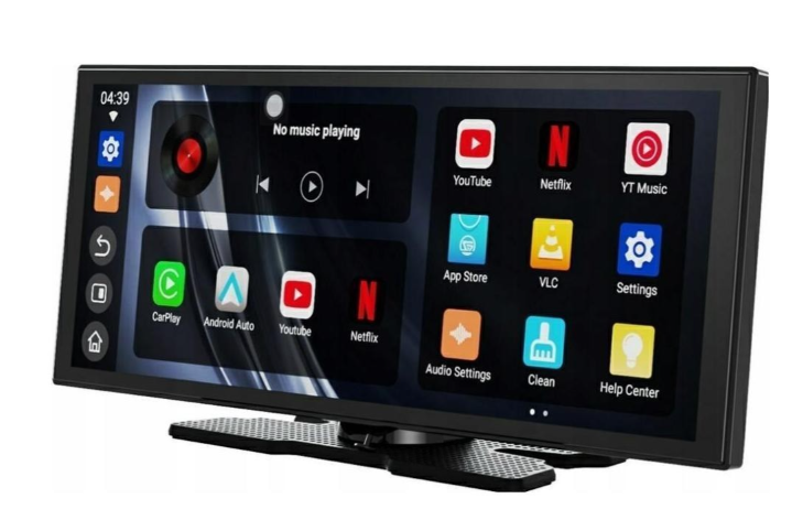 Ekran multimedialny samochodu wyświetlający ikony aplikacji, takie jak YouTube, Netflix i CarPlay.