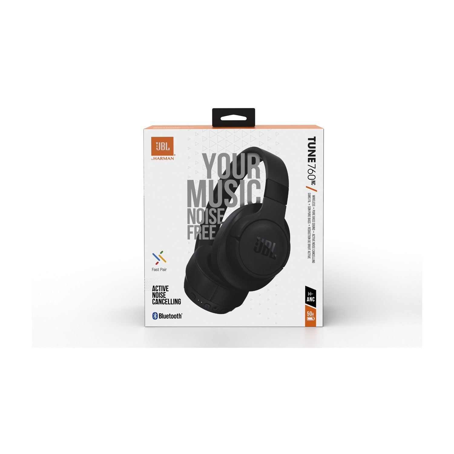 Cuffie JBL Tune 760NC nere con cancellazione attiva del rumore su confezione bianca.