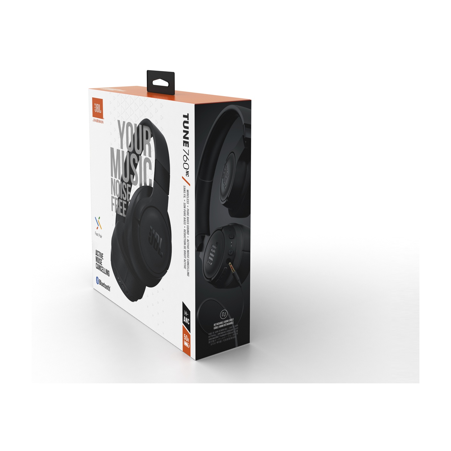 Confezione di cuffie JBL nere con cancellazione attiva del rumore.