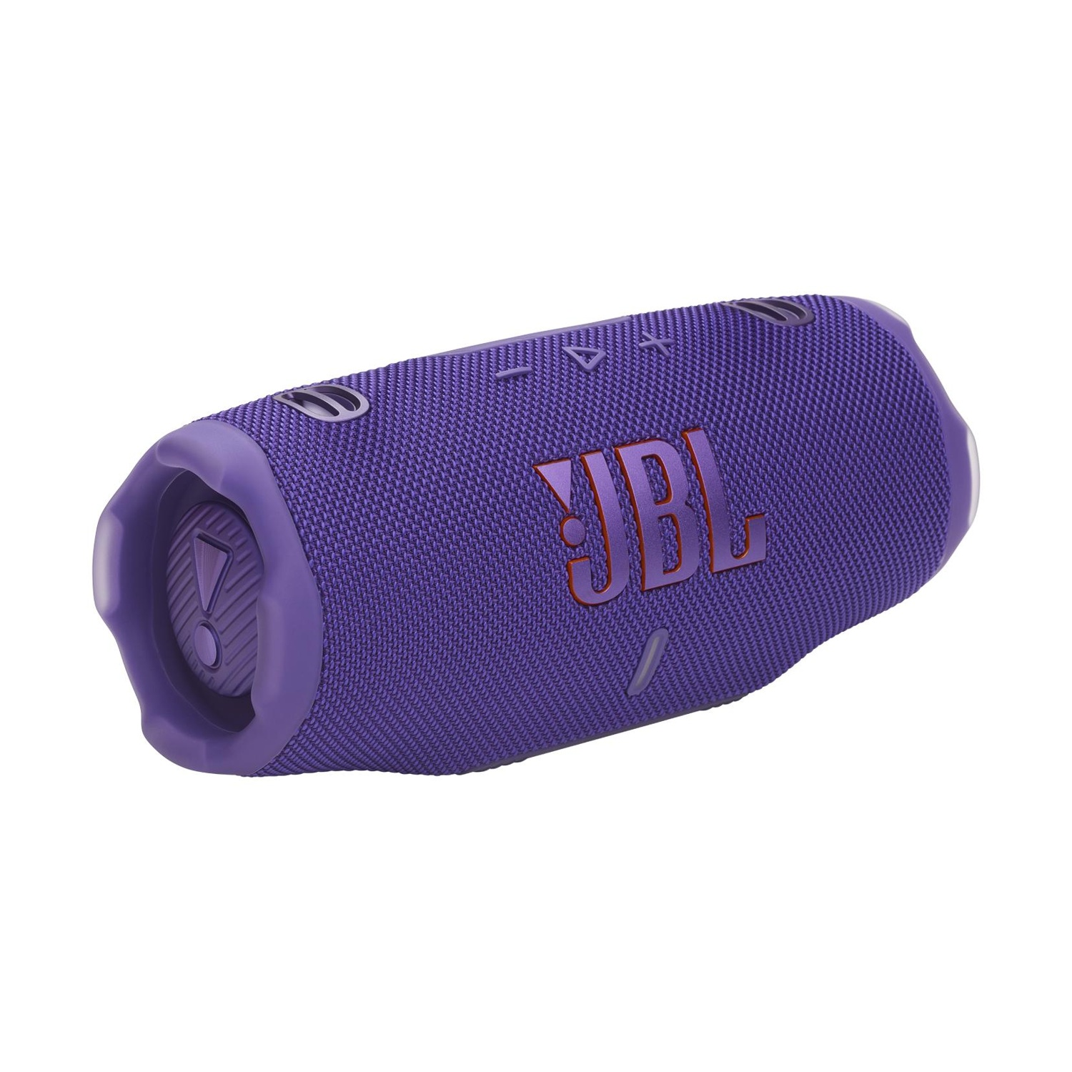 Altoparlante JBL Charge 5 viola con loghi rossi su sfondo bianco.