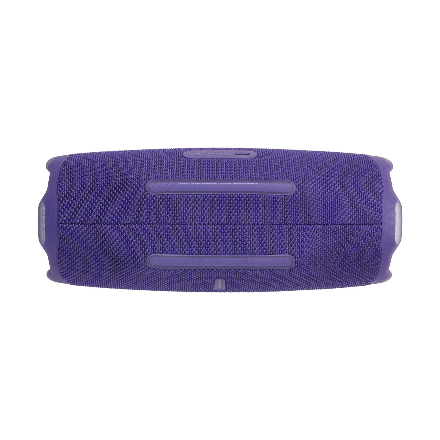 Cassa JBL Charge 5 viola vista dall'alto su sfondo bianco.