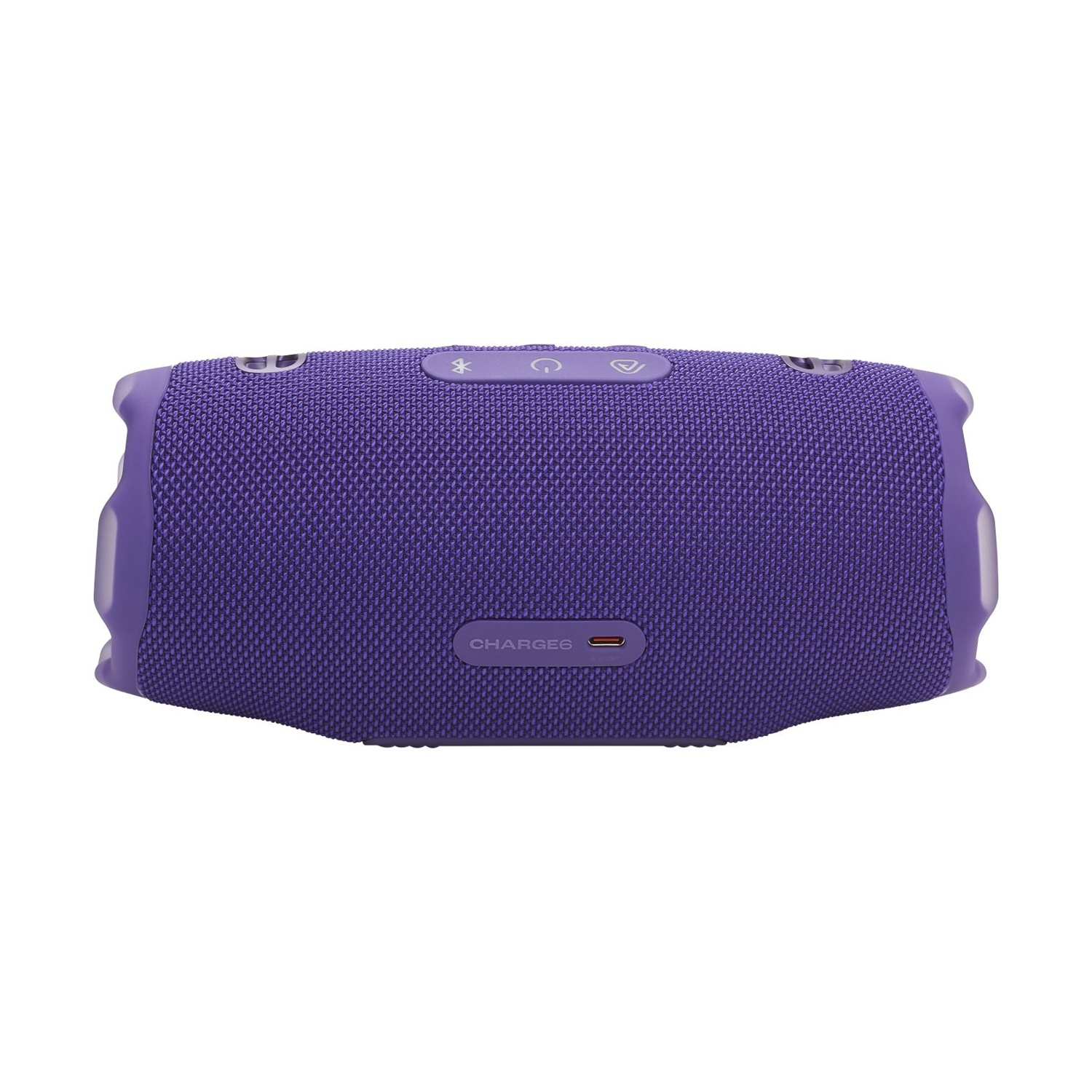 Un altoparlante JBL portatile viola con pulsanti sulla parte superiore e una porta di ricarica.