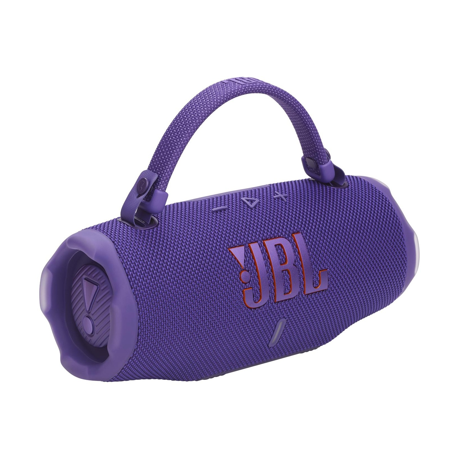 Altoparlante JBL viola con manico, isolato su sfondo bianco.