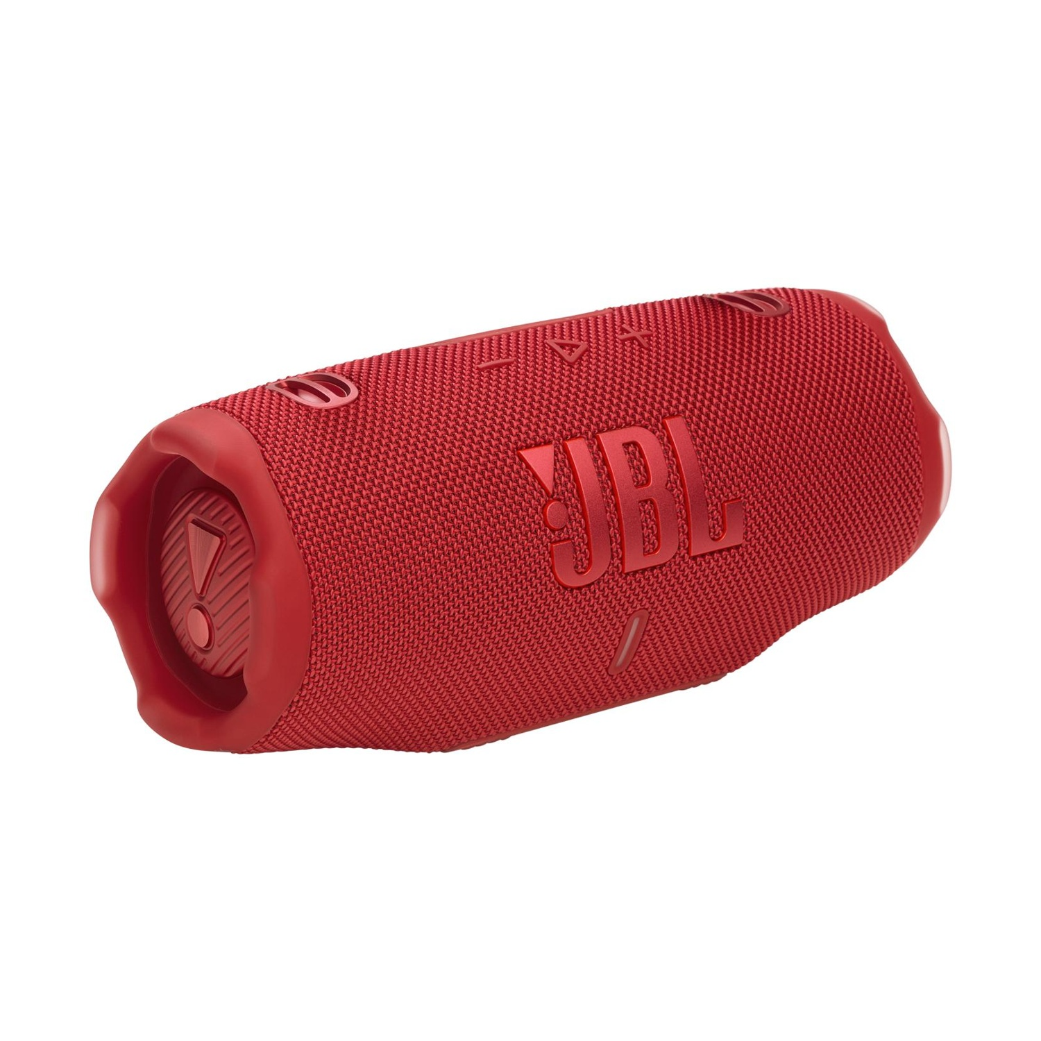 Altoparlante JBL rosso con logo JBL e porta bassi visibile alla fine.