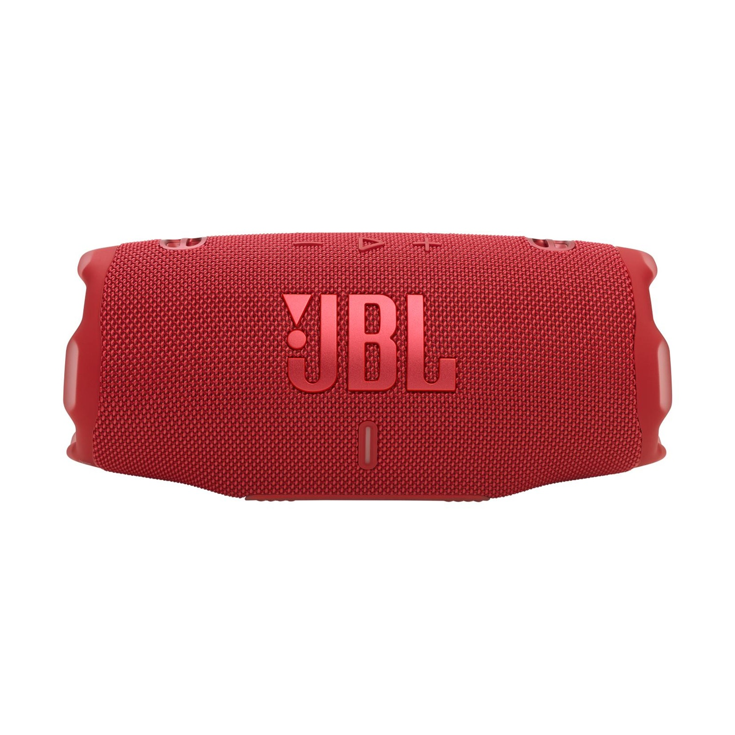 Altoparlante JBL rosso con copertura in tessuto e logo.