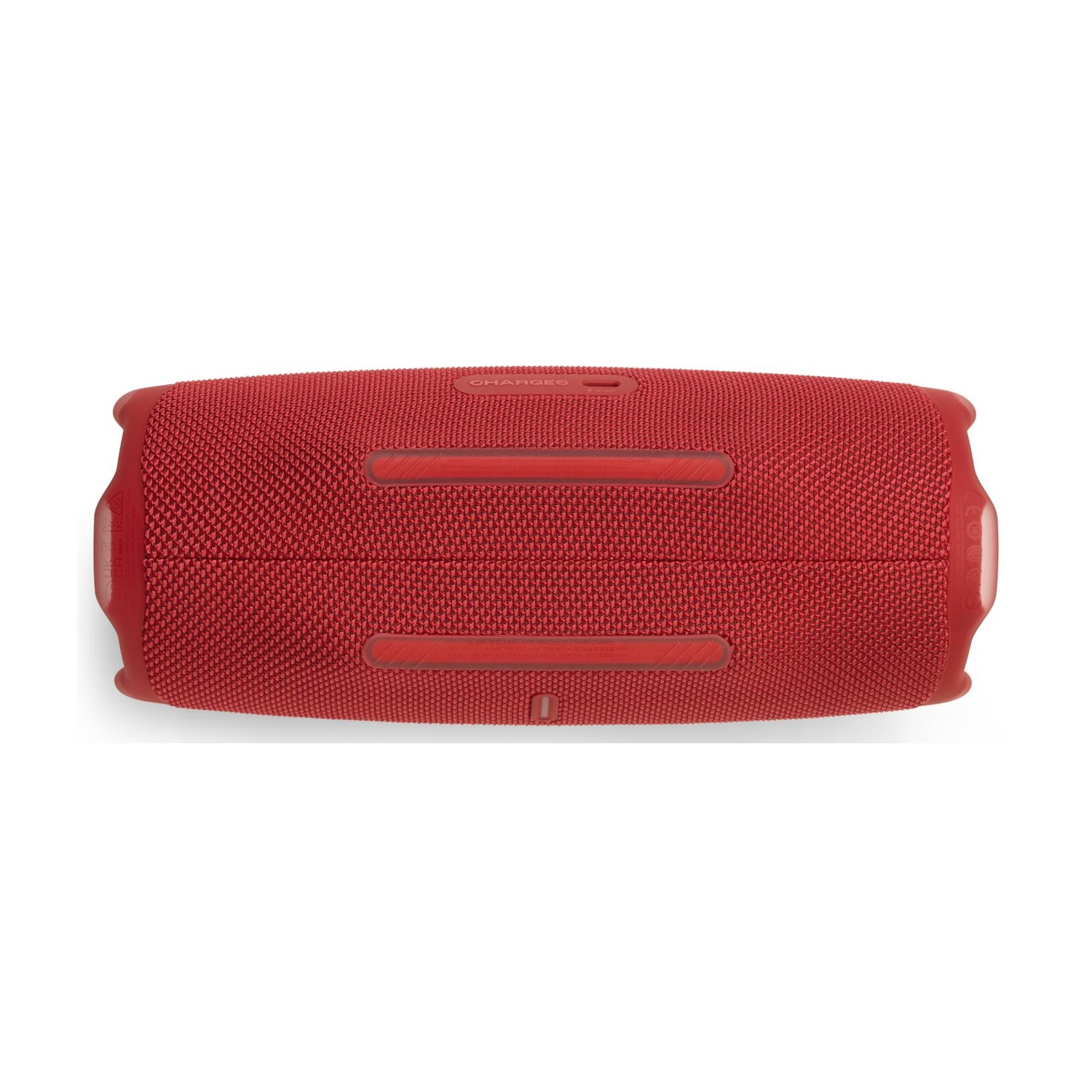 Altoparlante portatile rosso con copertura in tessuto e gommini sul fondo.