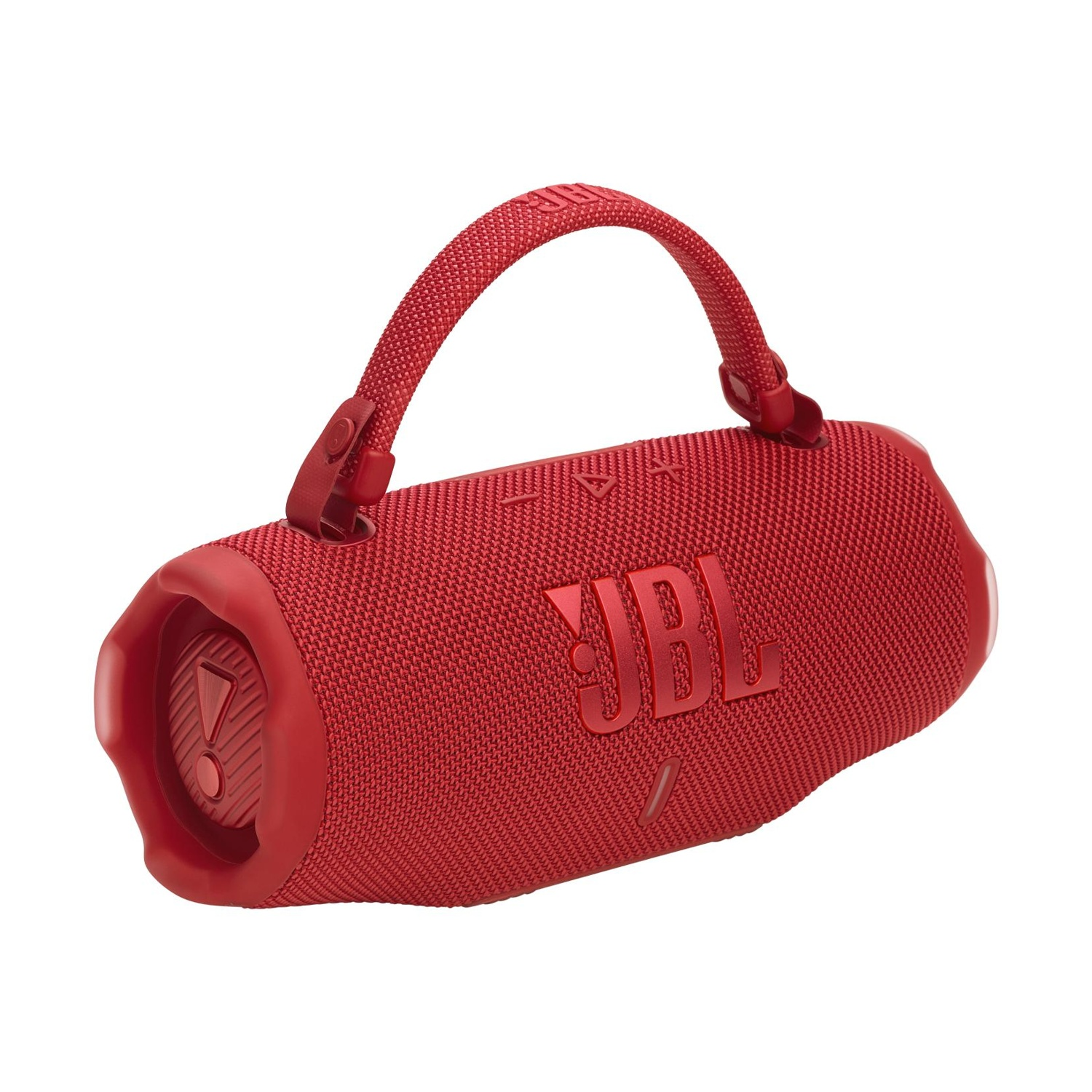 Altoparlante Bluetooth JBL rosso con tracolla e logo JBL.