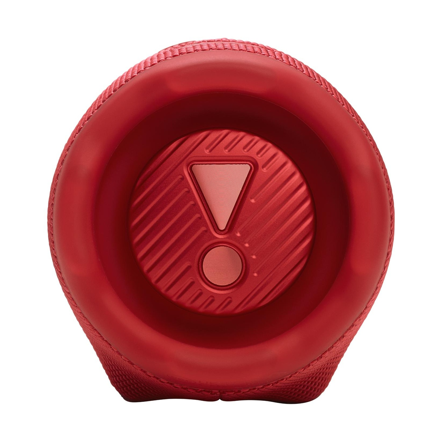 Tappo rosso JBL per altoparlante con logo e scanalature. Vista frontale.