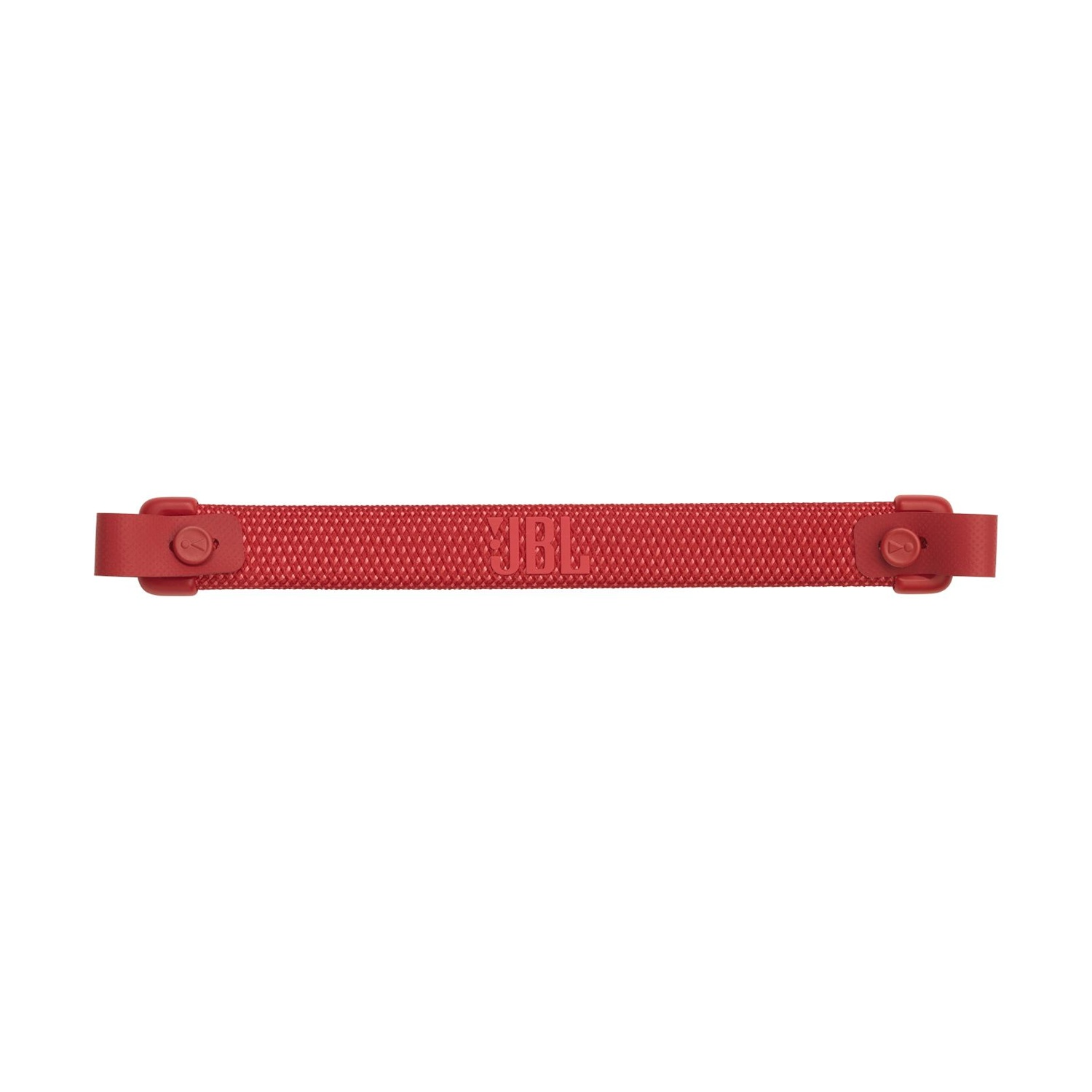 Tracolla rossa con logo JBL e clip di fissaggio.