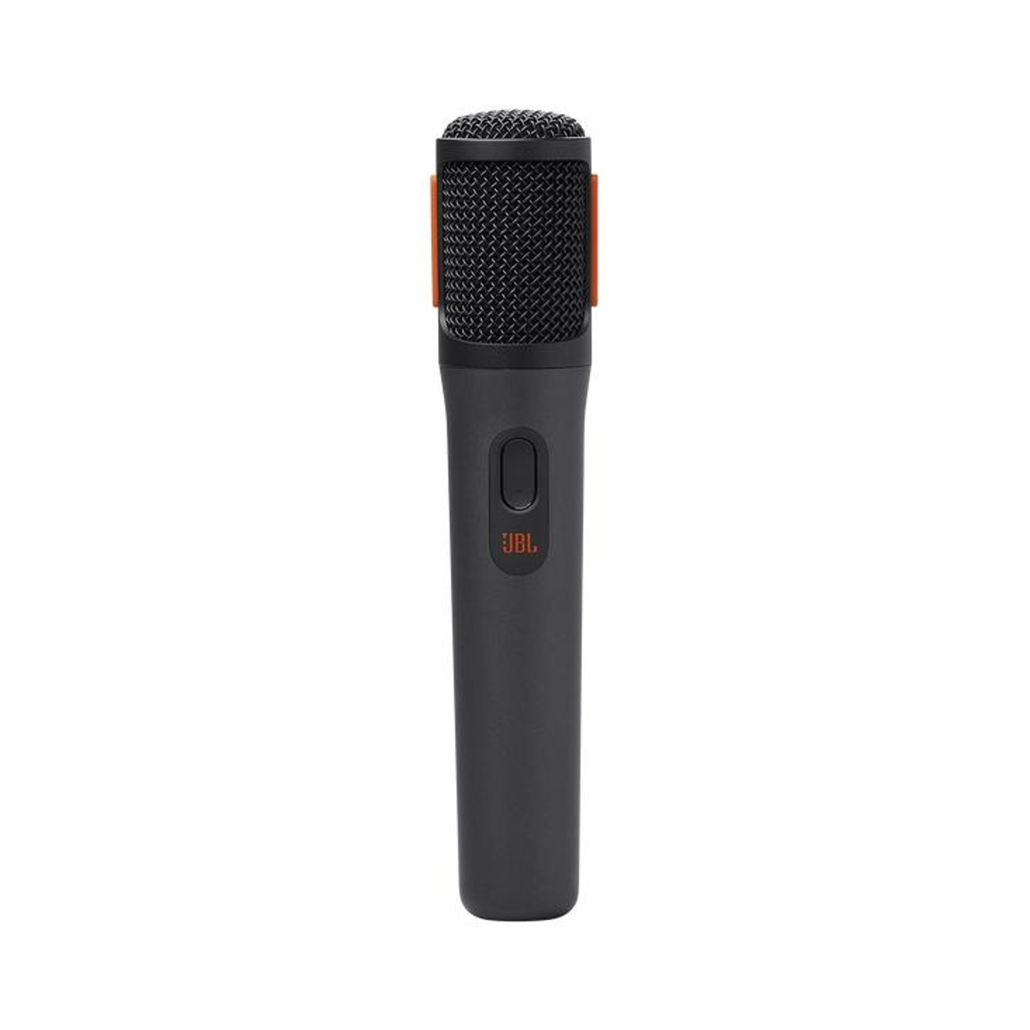 Un microfono JBL nero con accenti arancioni su sfondo bianco.