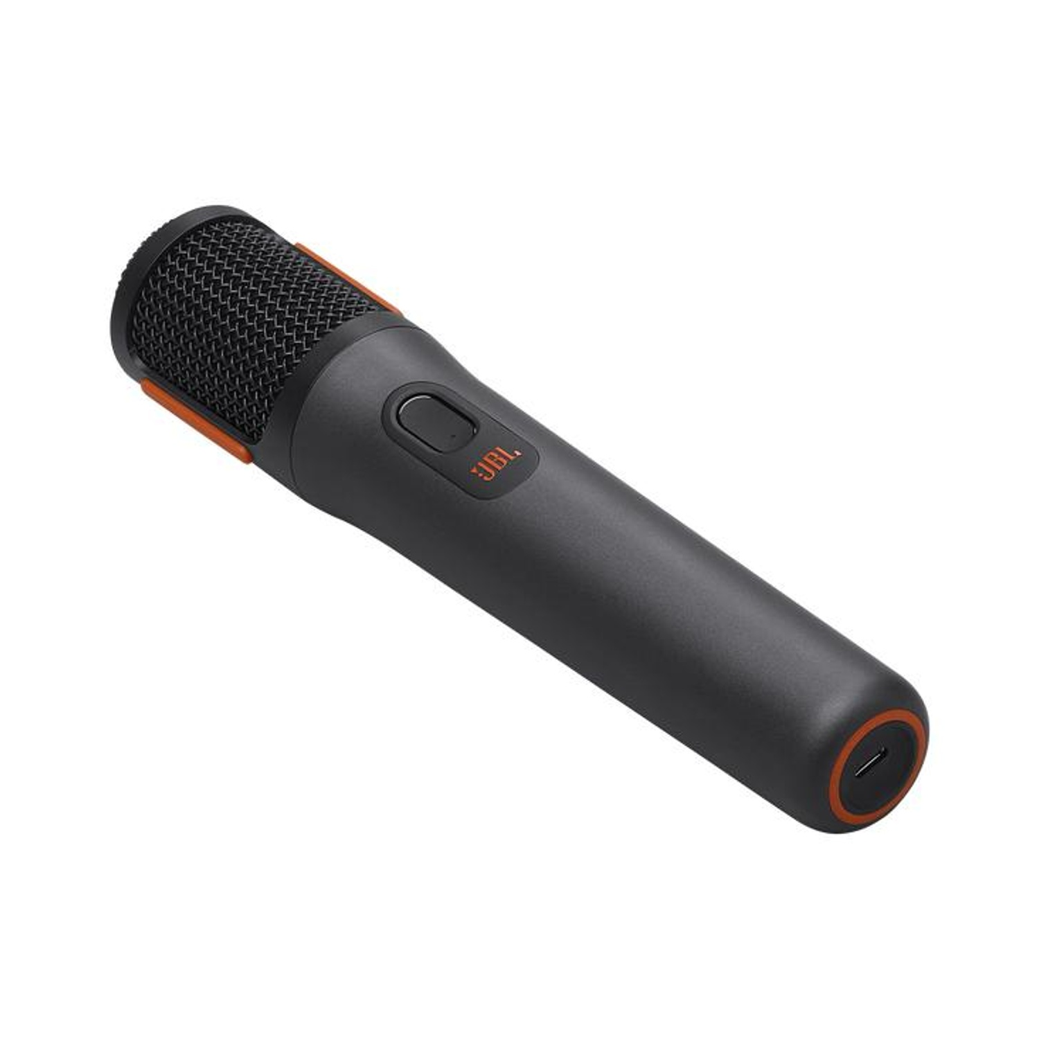 Un microfono JBL nero con accenti arancioni e una porta USB-C.