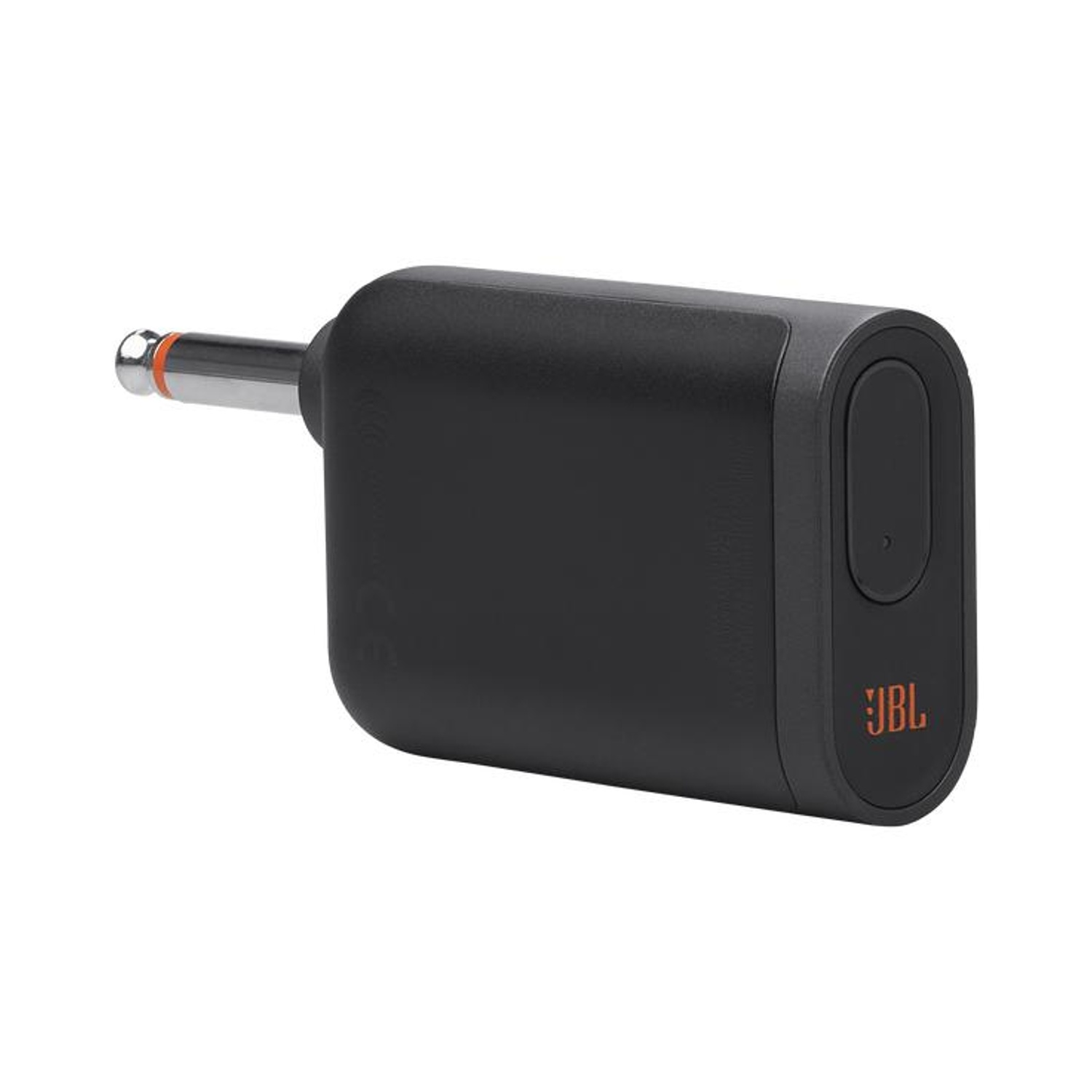 Adattatore audio JBL nero con spina jack e anello arancione.