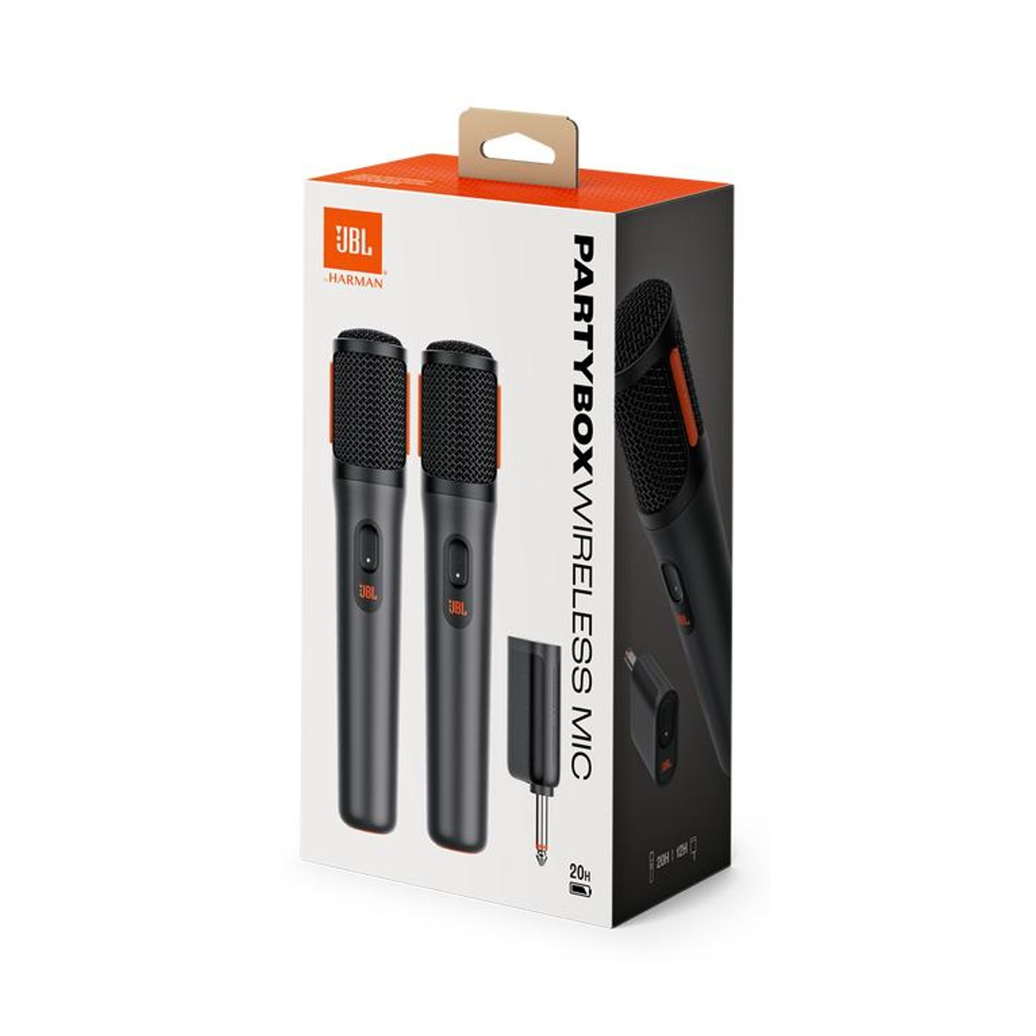 Scatola microfono wireless JBL Partybox con due microfoni e un ricevitore. Scatola bianca e arancione.