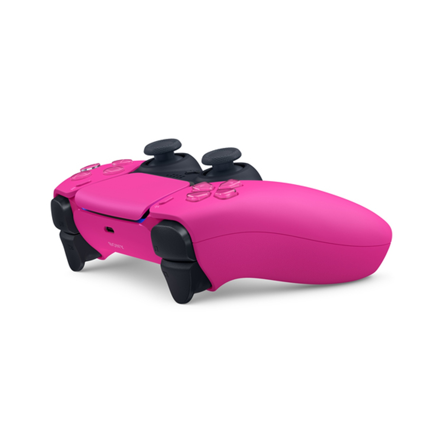 Un controller rosa PlayStation 5 con joystick neri su sfondo bianco.
