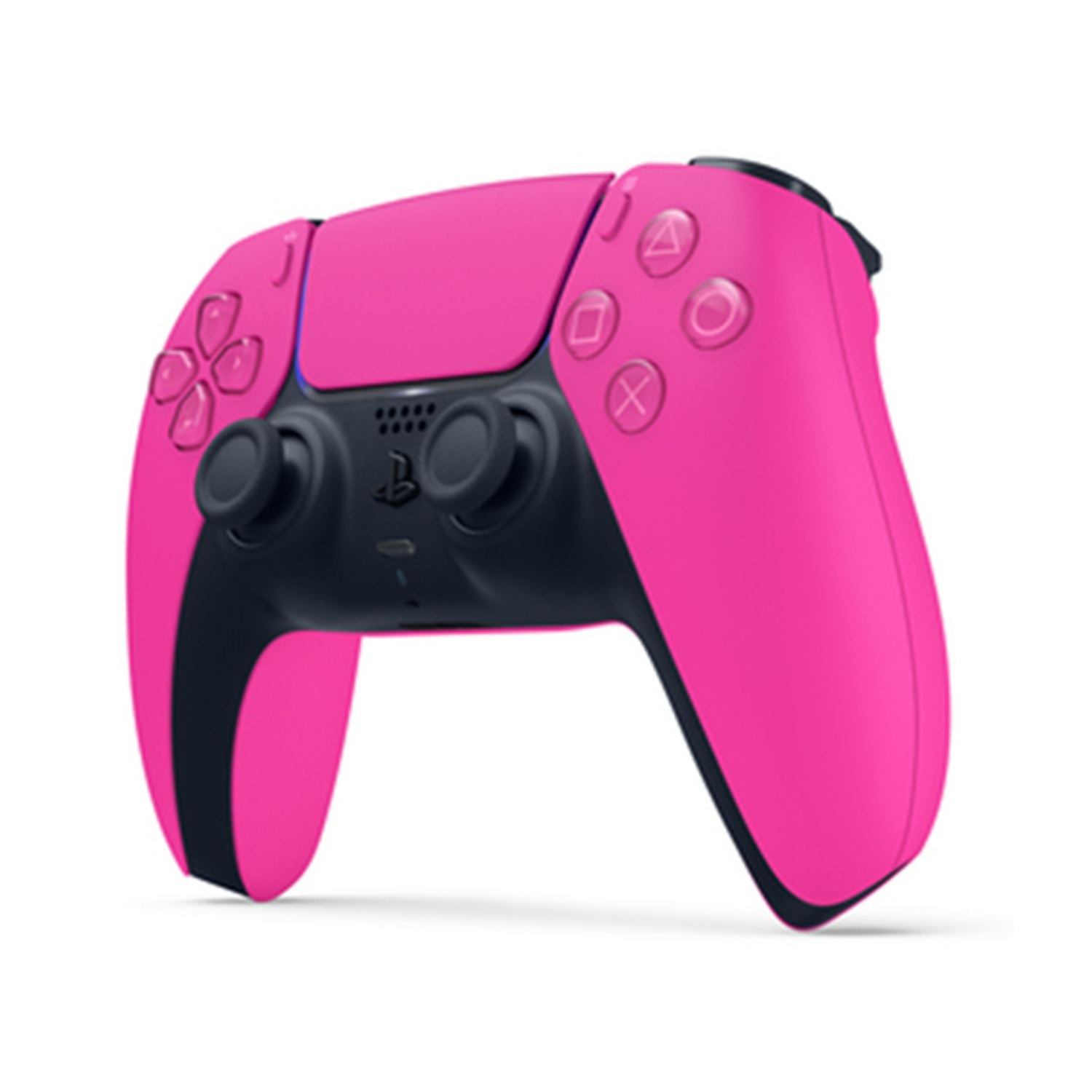 Un controller rosa con accenti neri su sfondo bianco.