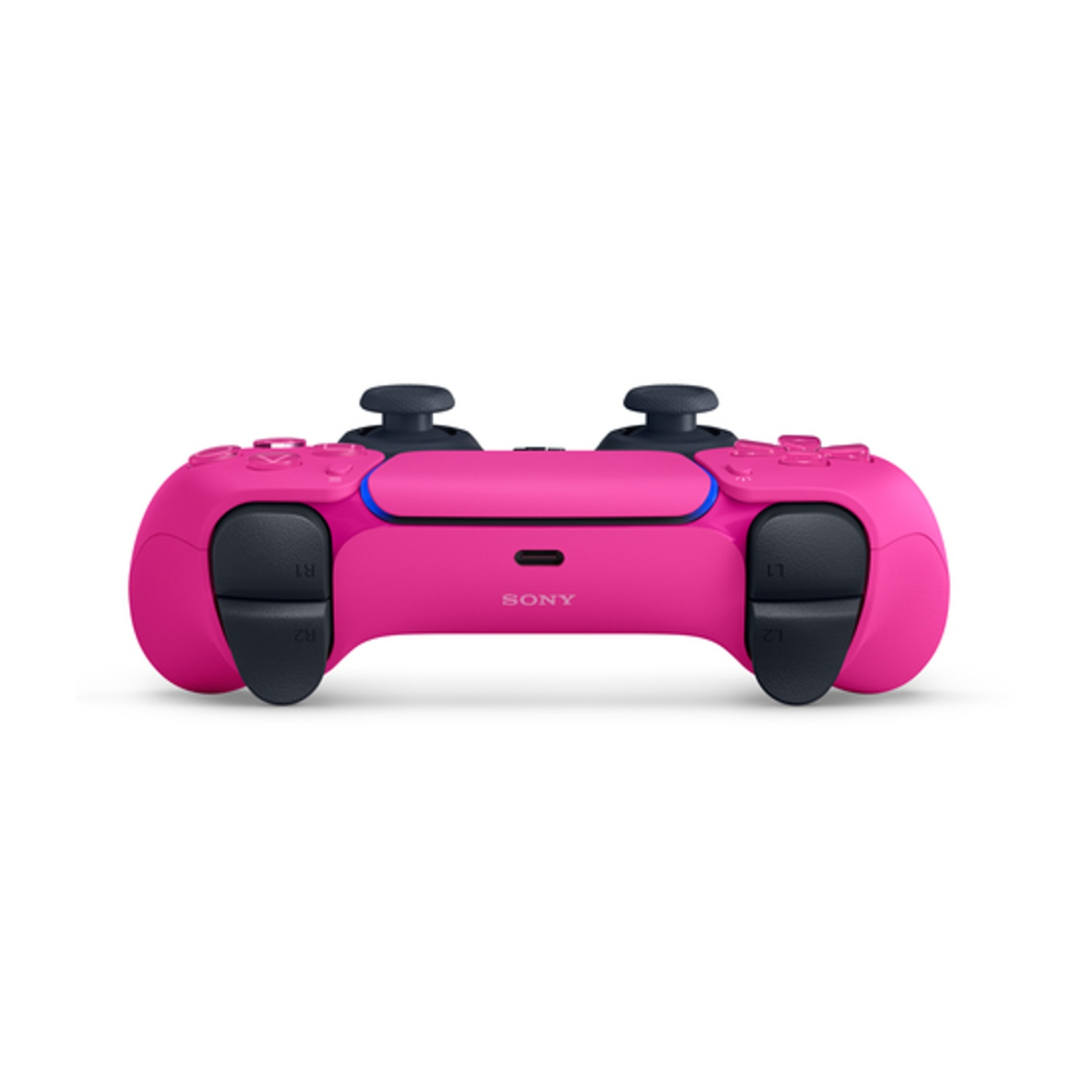 Un controller DualSense rosa per PlayStation 5 con accenti neri su sfondo bianco.