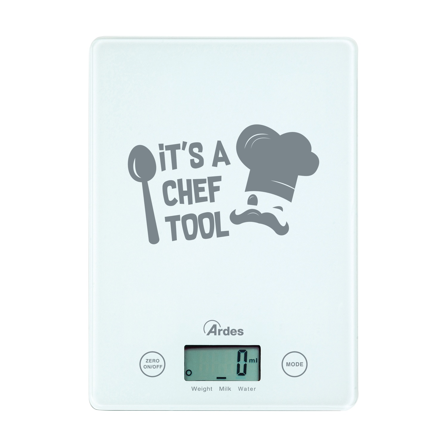Bilancia da cucina digitale bianca con grafica chef e display.