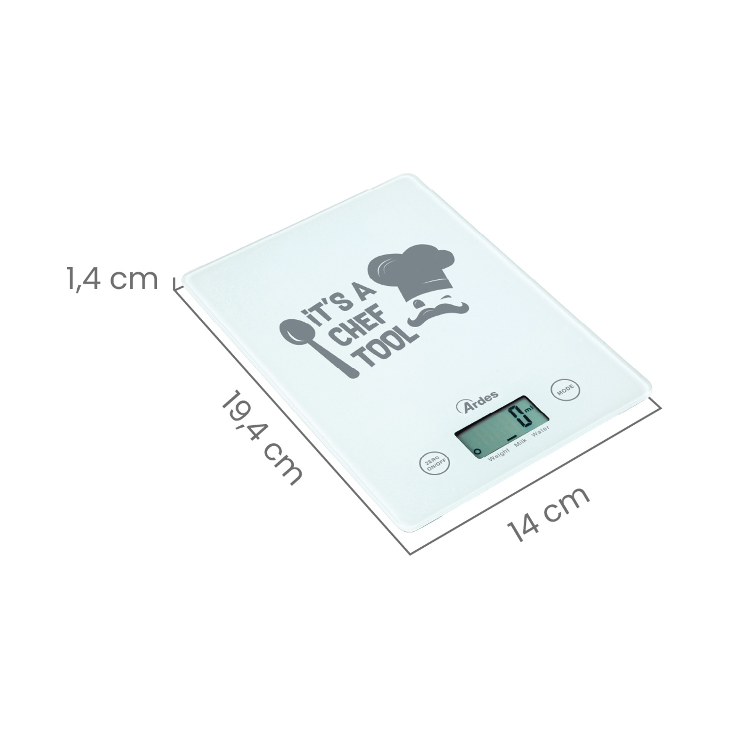 Bilancia da cucina digitale bianca con grafica da chef, dimensioni visualizzate e logo Ardes.