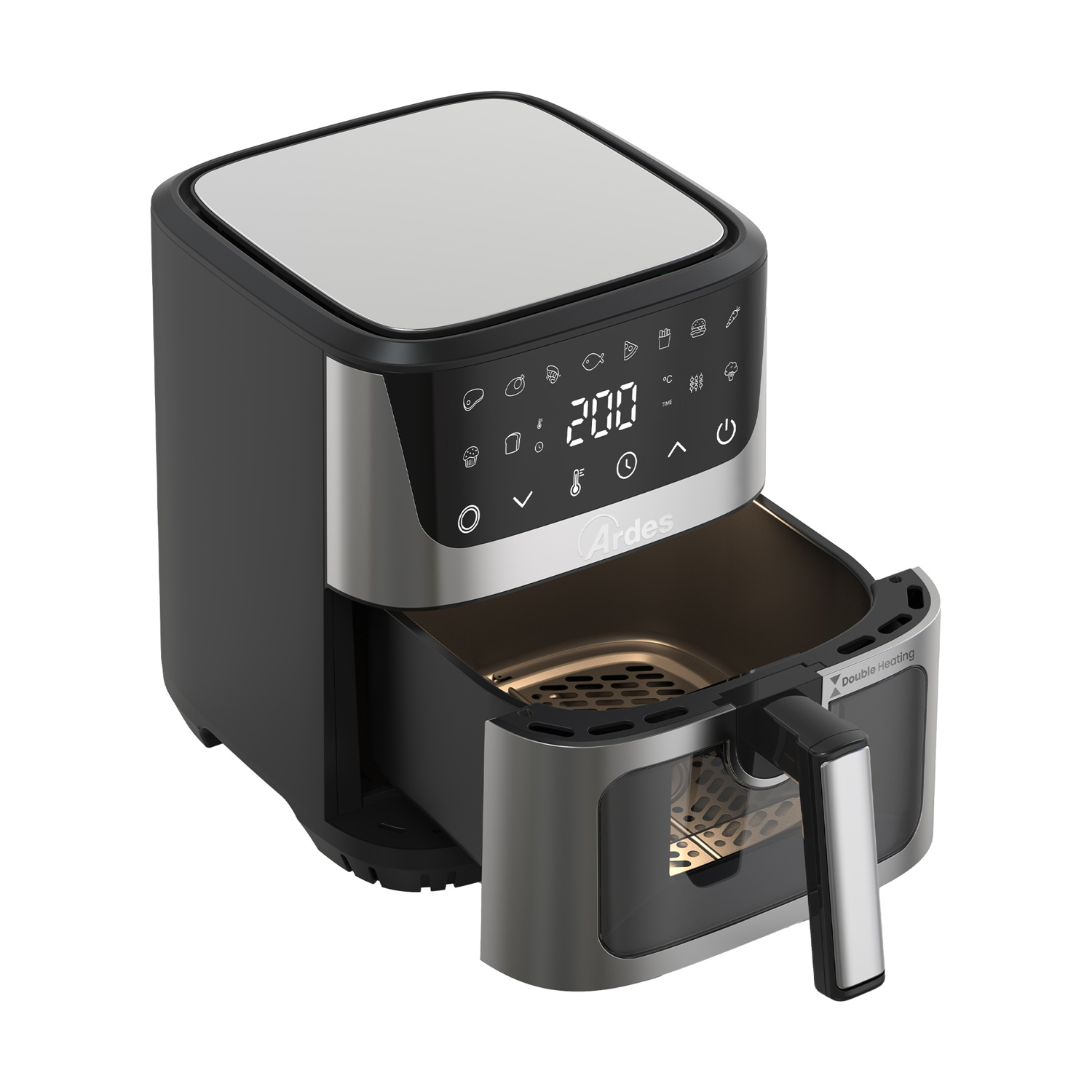 Friggitrice ad aria nera e argento con display digitale, cassetto aperto.