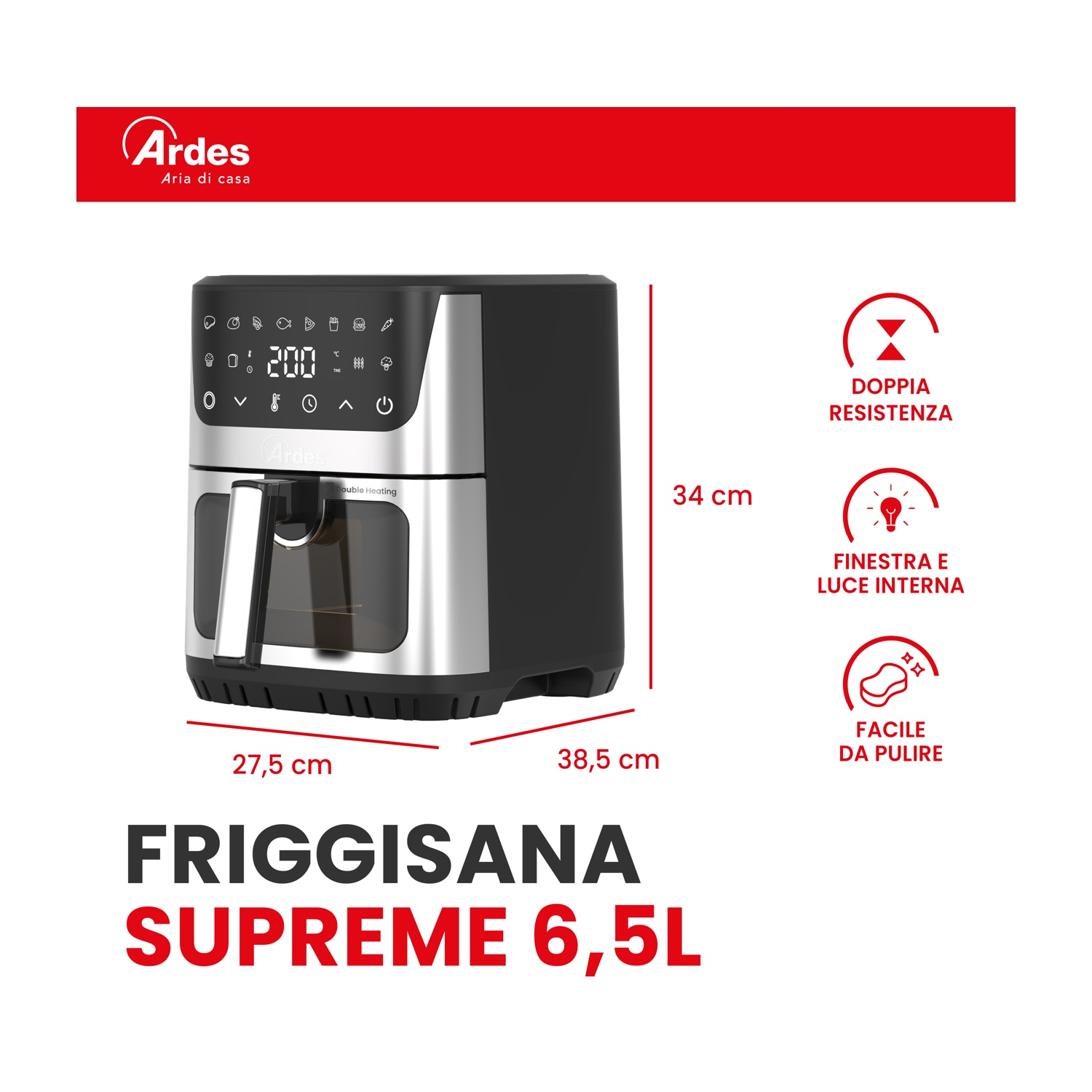 Friggitrice ad aria nera e argento con comandi digitali e dimensioni.