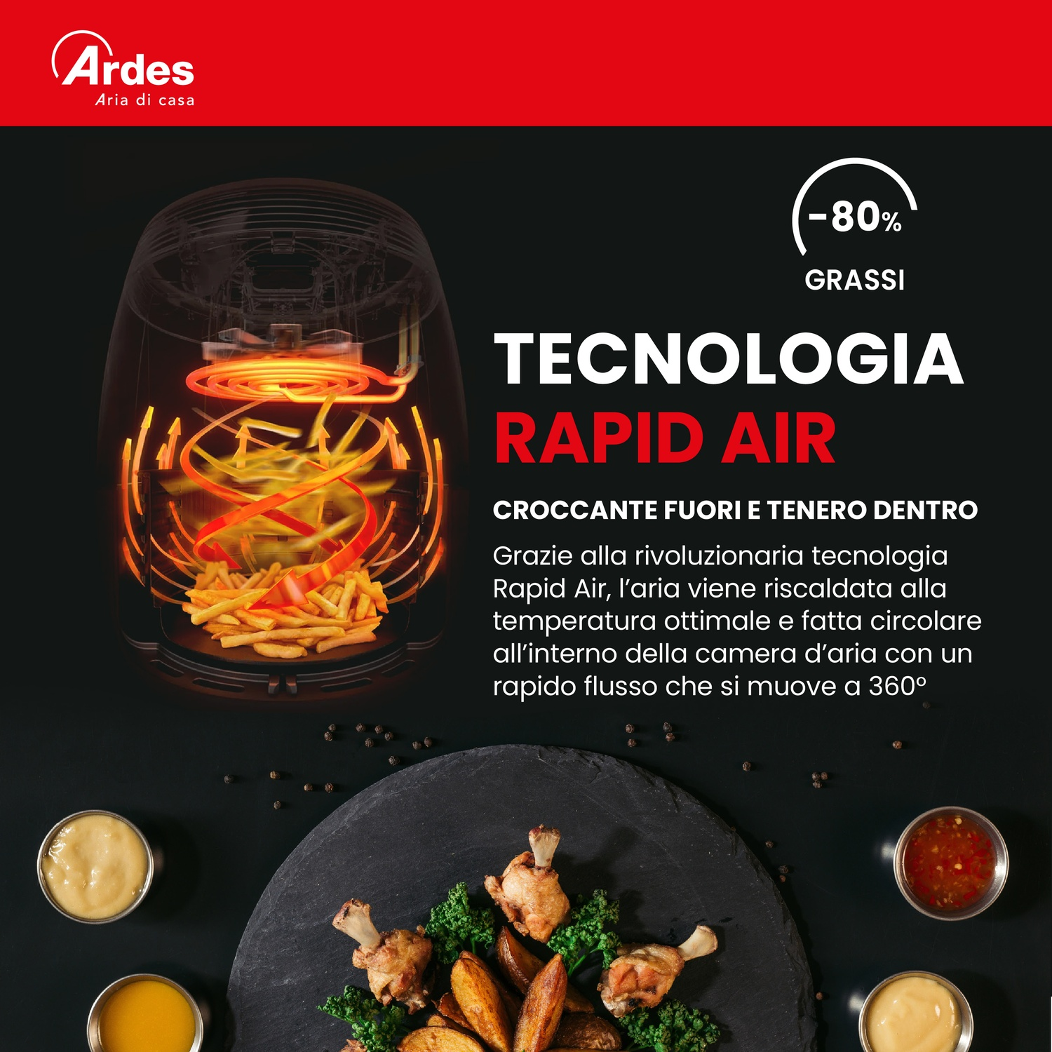 Dettaglio friggitrice ad aria mostra patatine e pollo, con testo su tecnologia Rapid Air.