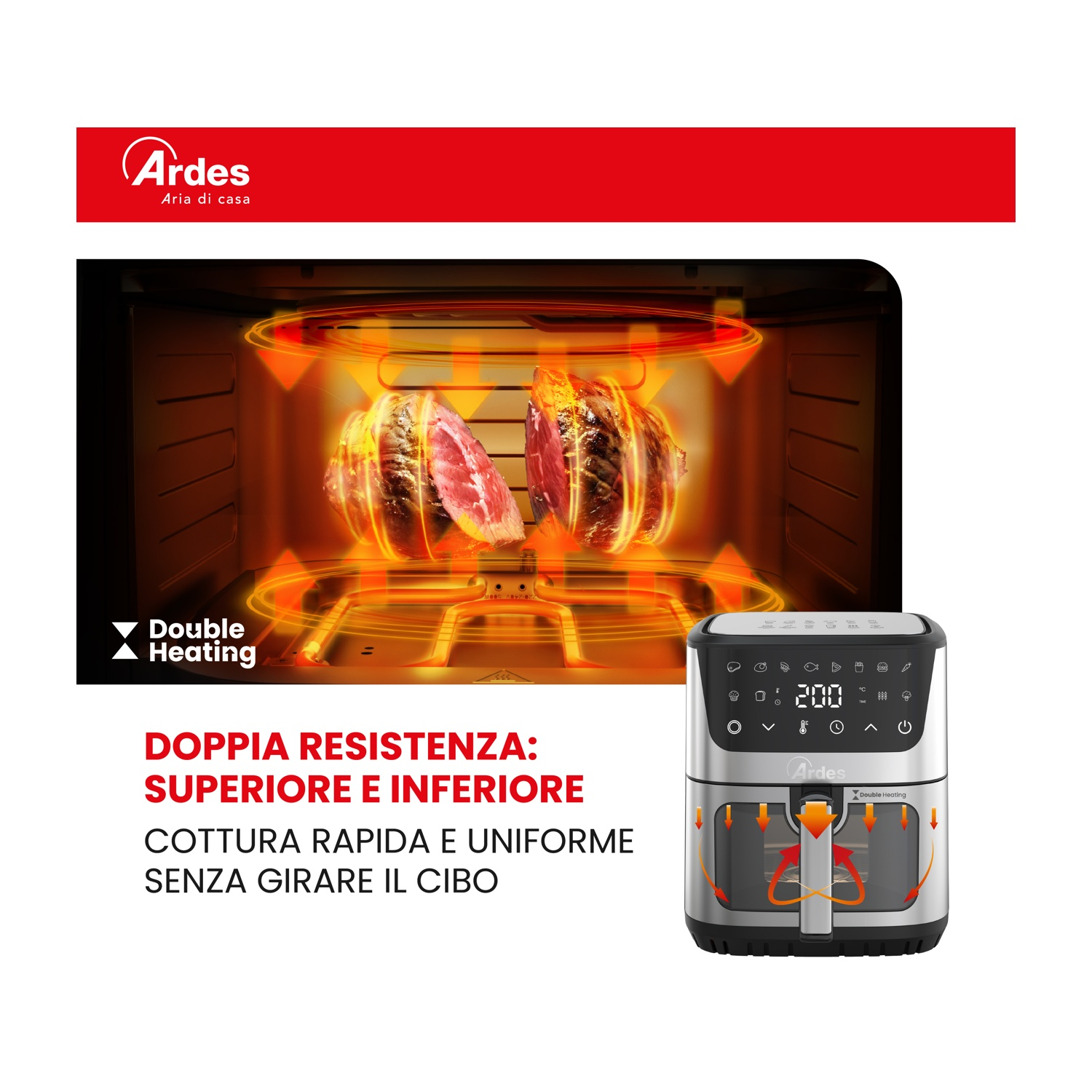 Una friggitrice ad aria con un arrosto all'interno che cuoce con doppia resistenza.