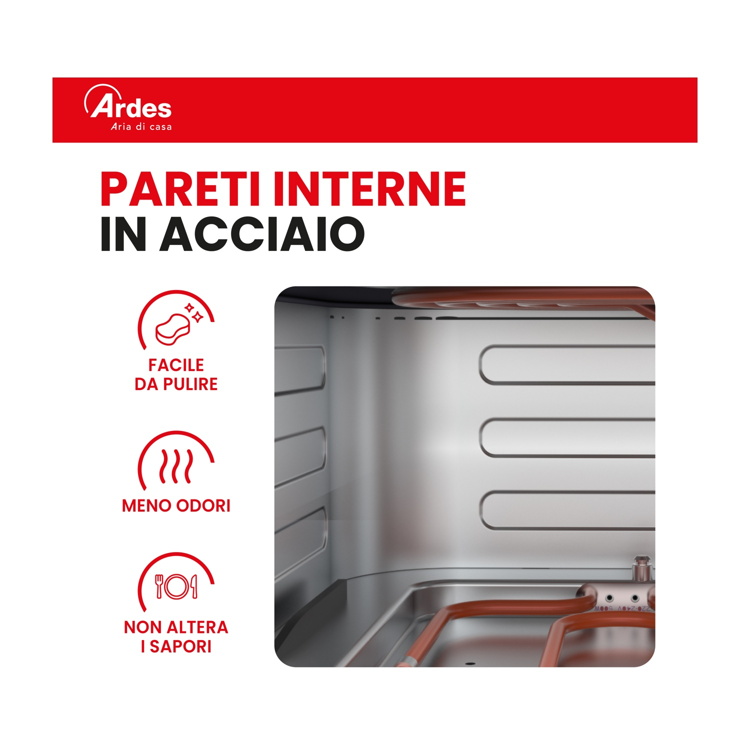 Vista interna di un forno con pareti in acciaio, con icone per facile pulizia, meno odori e conservazione dei sapori.