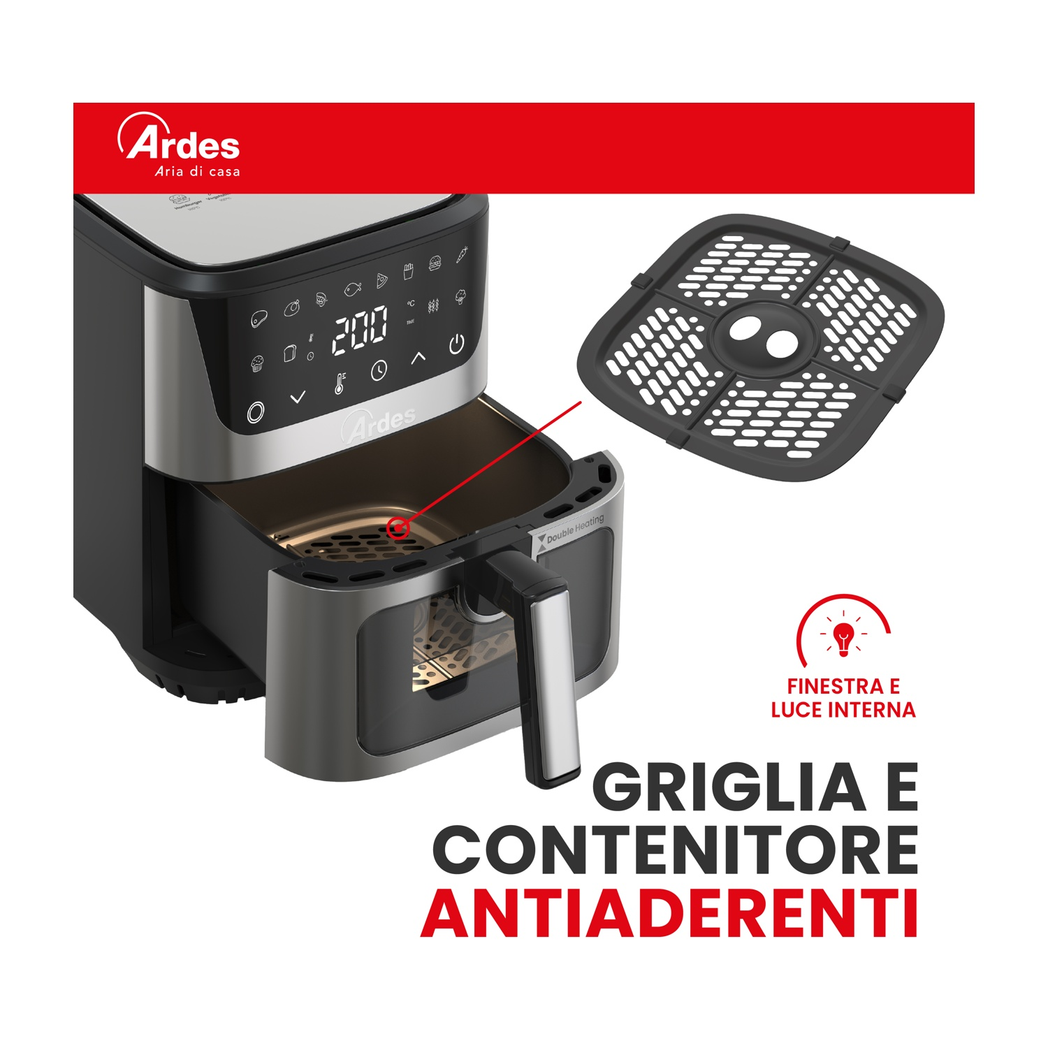 Una friggitrice ad aria nera con cassetto estratto e cestello separato.