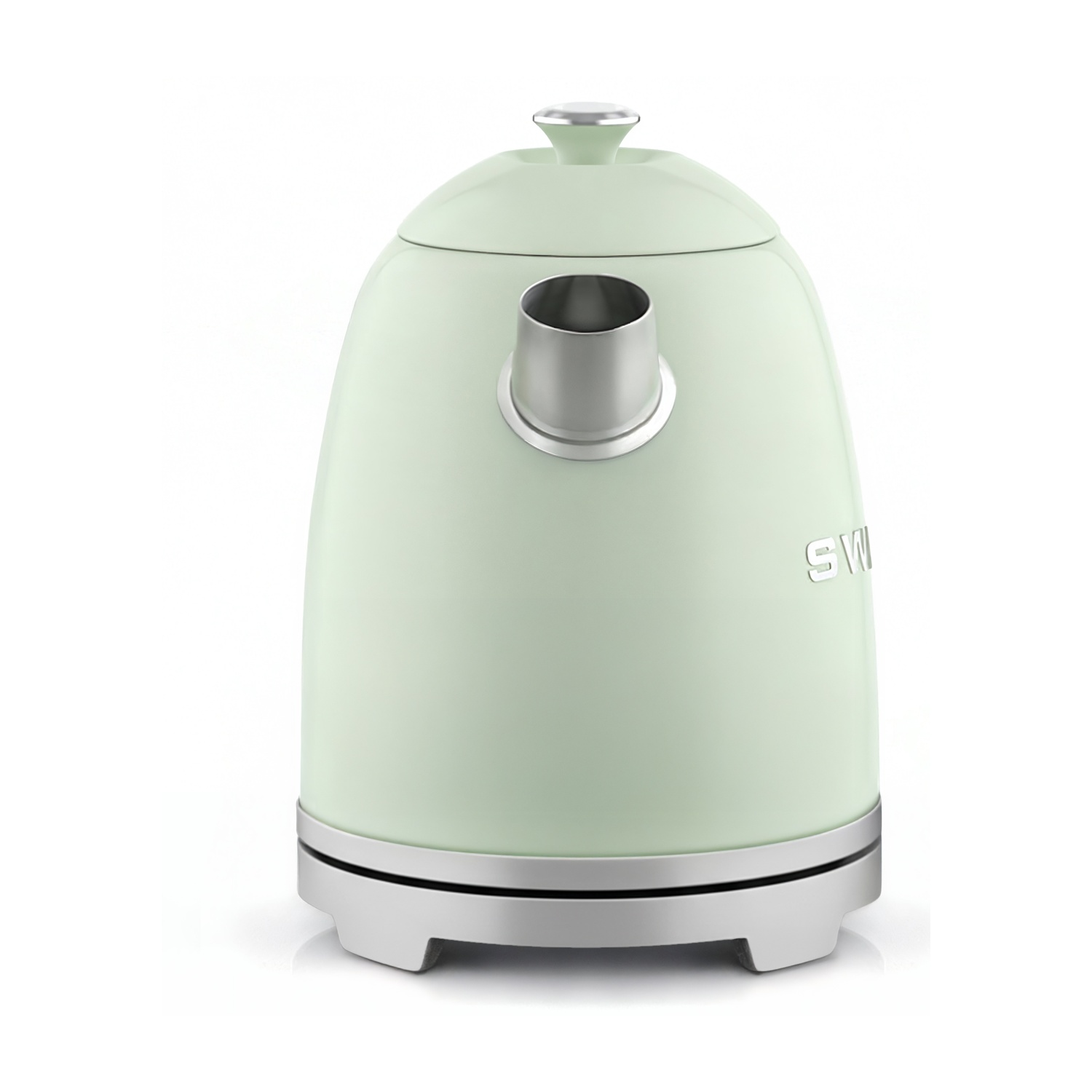 Bollitore verde chiaro con accenti argentati e manico sul coperchio.