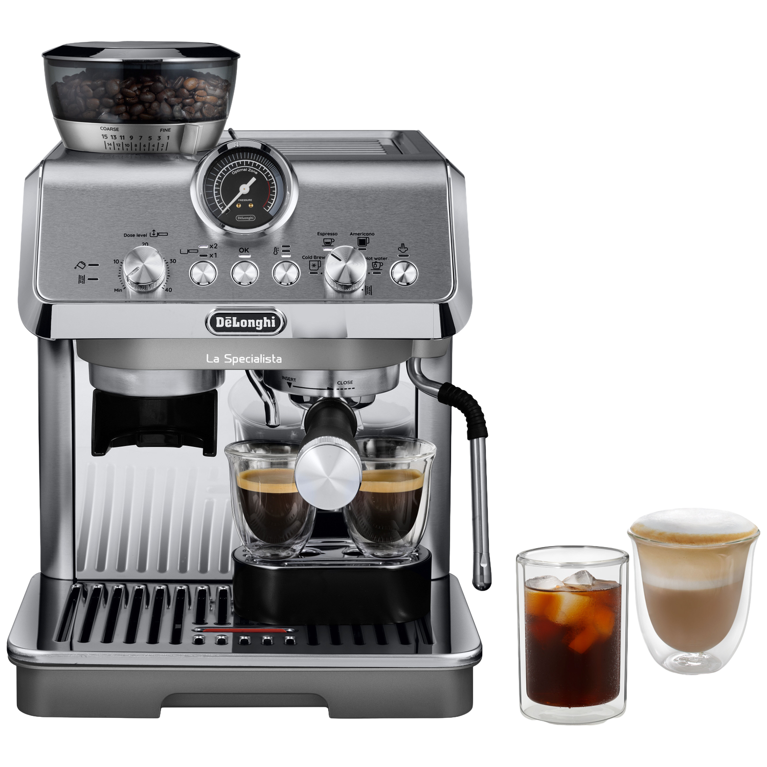 Zilveren DeLonghi espressomachine met bonenreservoir, twee espressokopjes en twee drankjes.