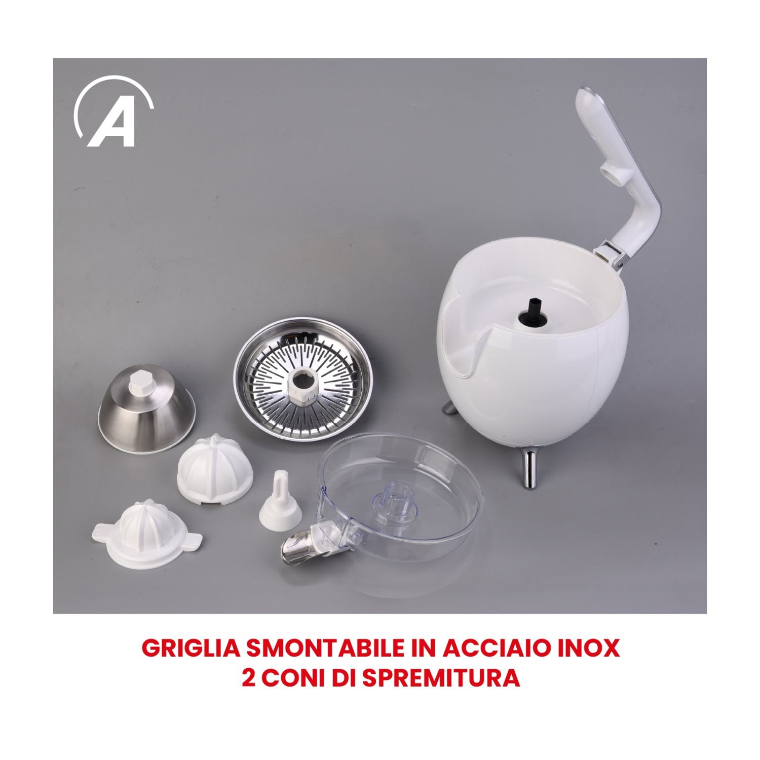 Spremiagrumi bianco con filtro rimovibile e due coni su sfondo grigio.
