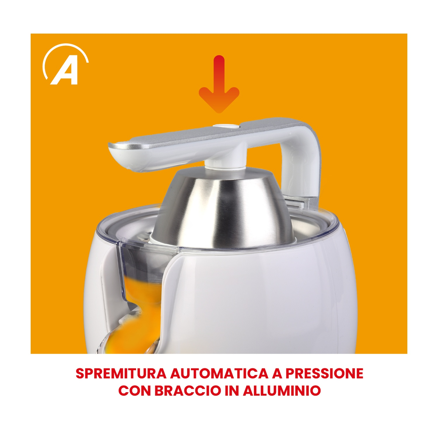 Spremiagrumi bianco con leva argento e beccuccio succo arancia. Freccia rossa verso il basso.
