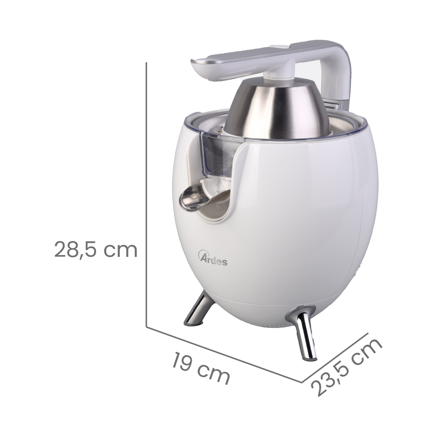 Un estrattore di succo bianco con accenti argentati e dimensioni.